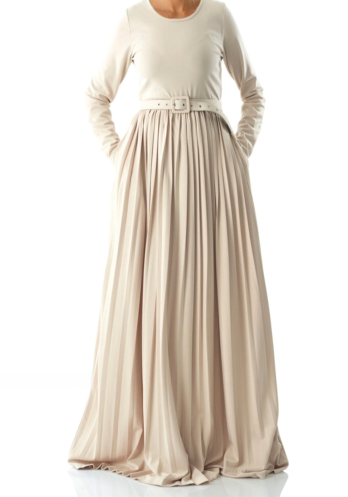 Cream pleated ponti di roma maxi dress Kabayare