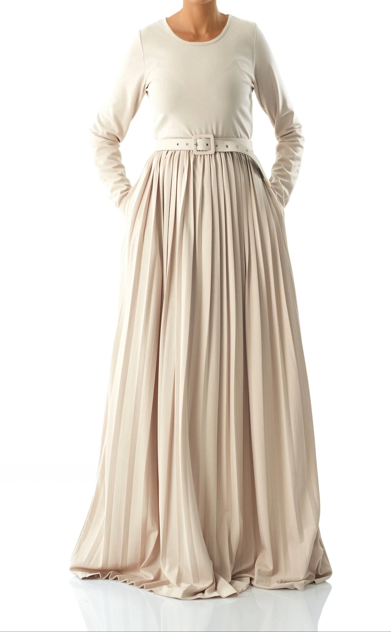 Cream pleated ponti di roma maxi dress Kabayare