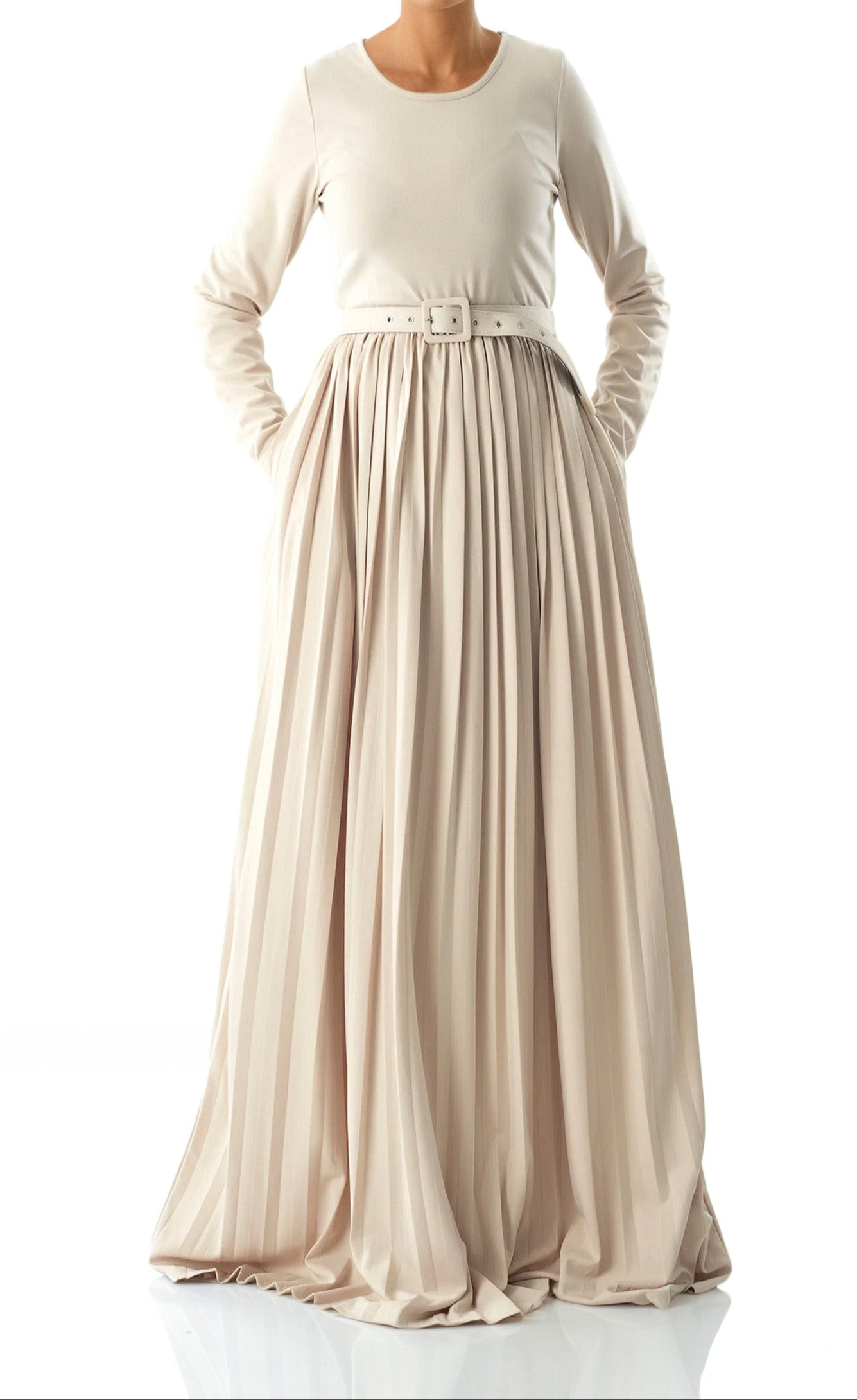Cream pleated ponti di roma maxi dress Kabayare