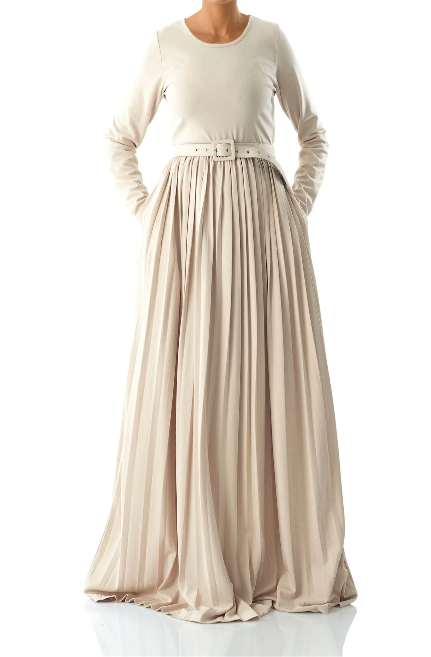 Cream pleated ponti di roma maxi dress Kabayare