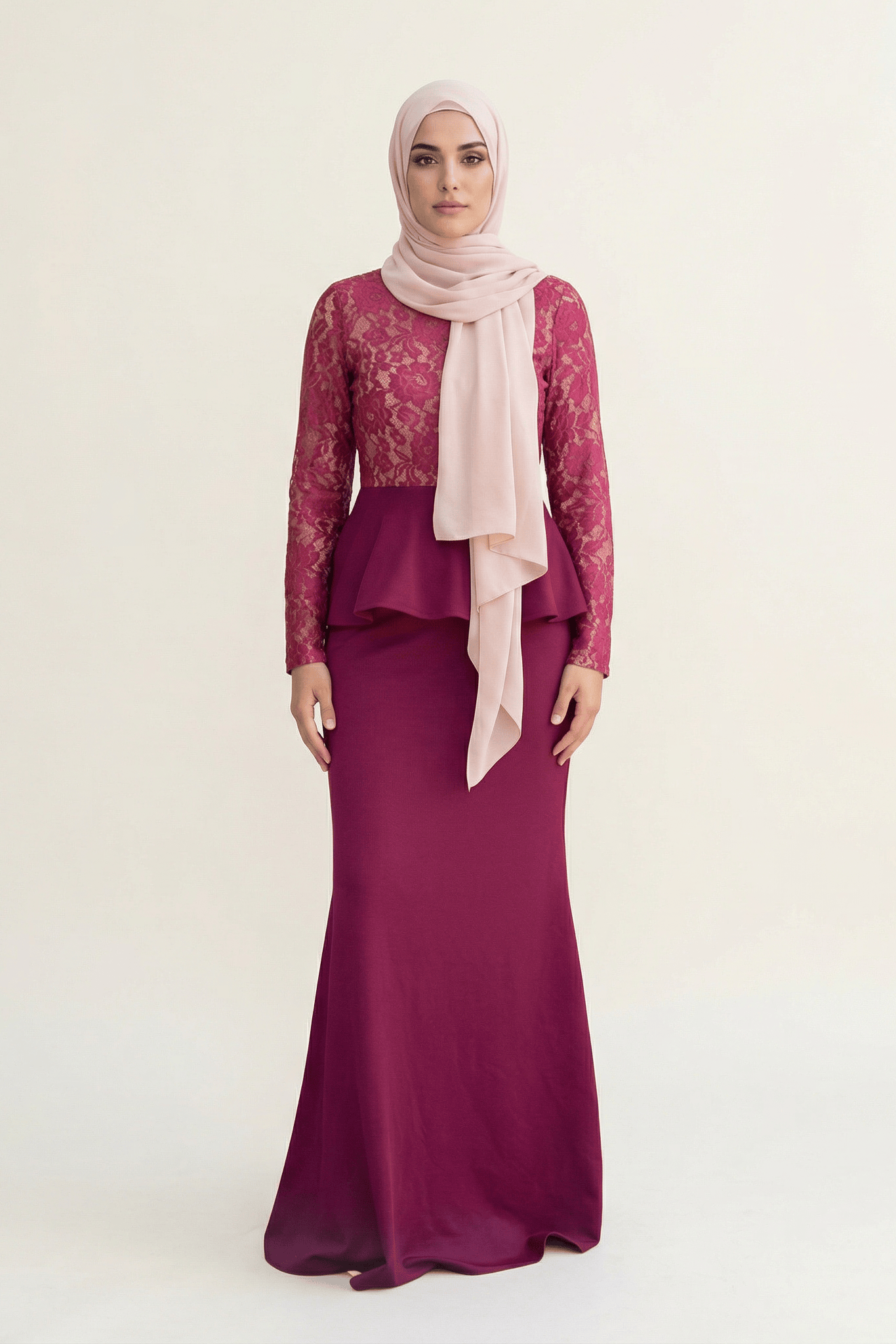 Deep red lace-top peplum dress Kabayare