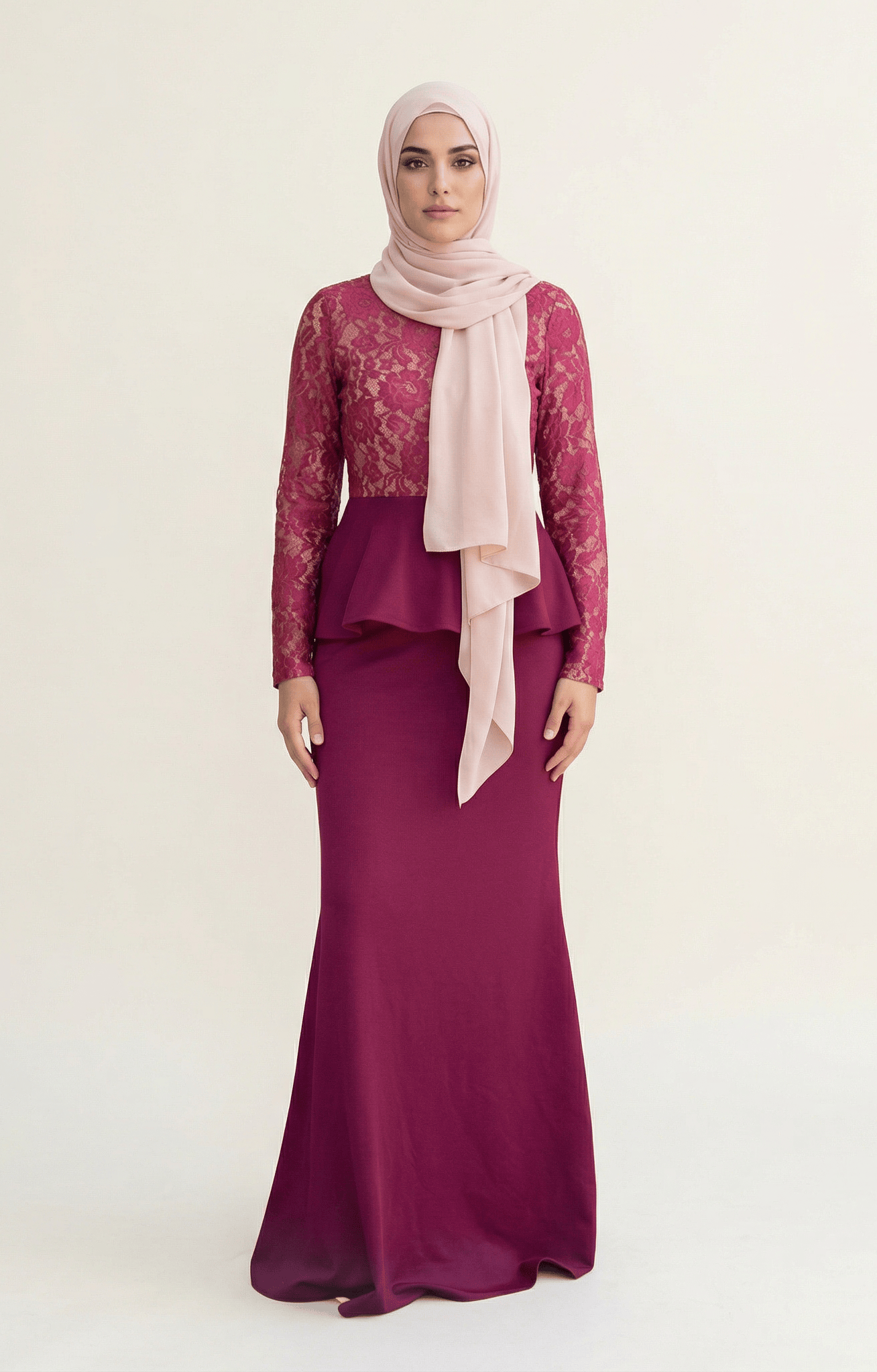 Deep red lace-top peplum dress Kabayare