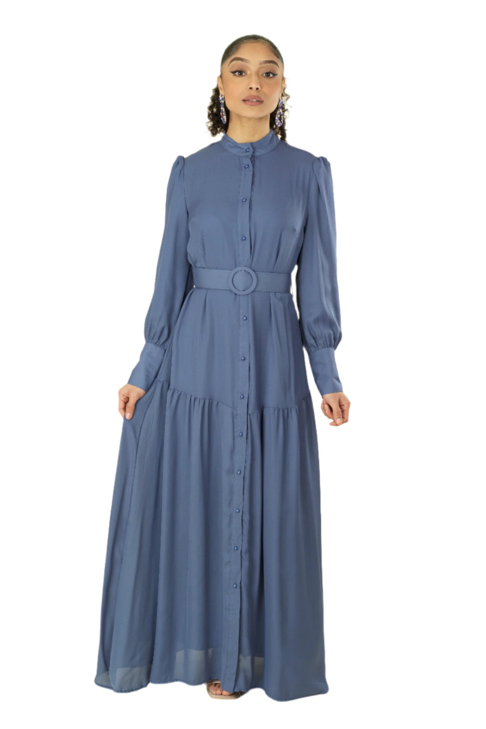 Dusty Blue button down shirt chiffon dress Kabayare