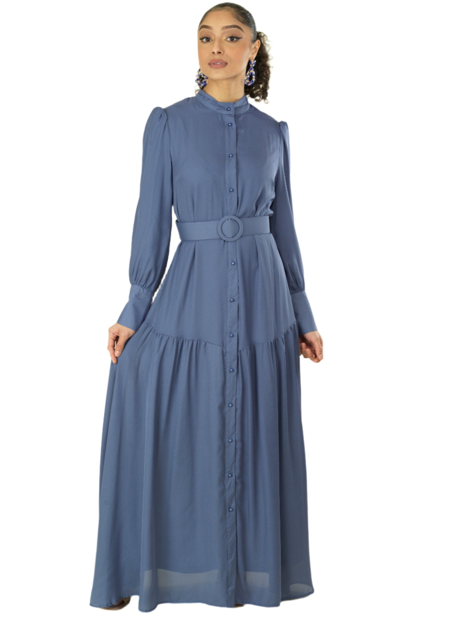 Dusty Blue button down shirt chiffon dress Kabayare