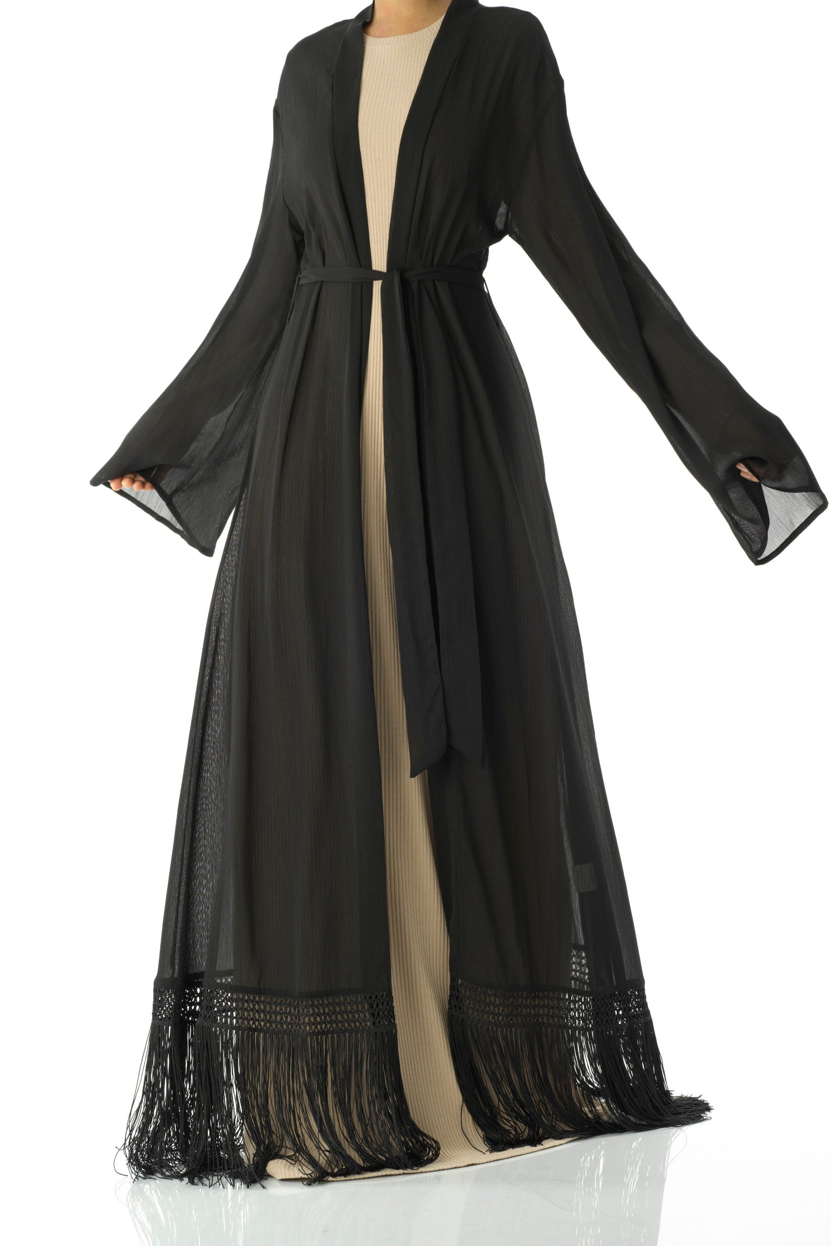 Effortlessly chic fringe cardigan abaya Kabayare