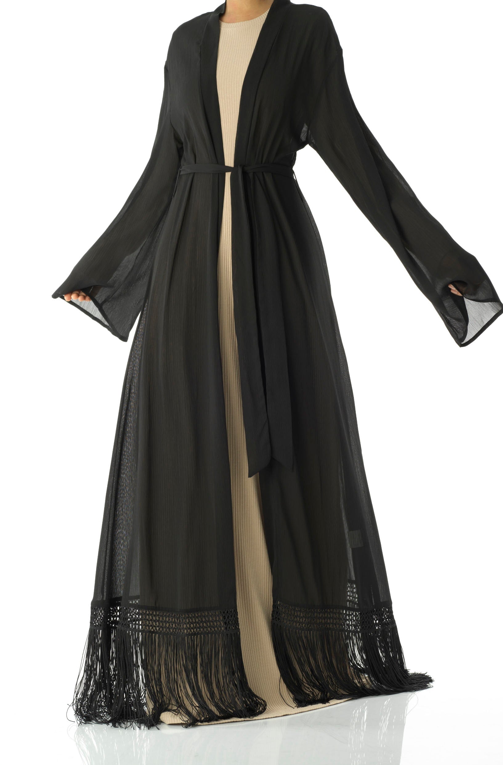 Effortlessly chic fringe cardigan abaya Kabayare