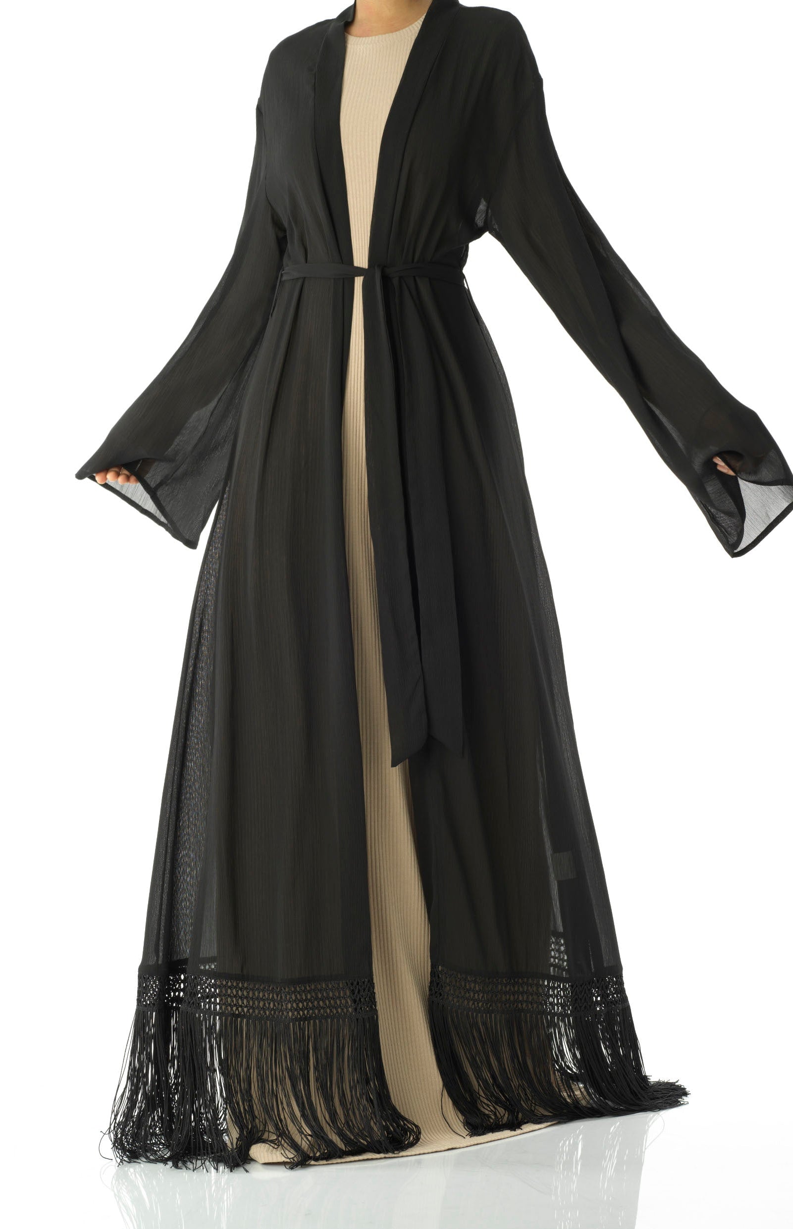 Effortlessly chic fringe cardigan abaya Kabayare