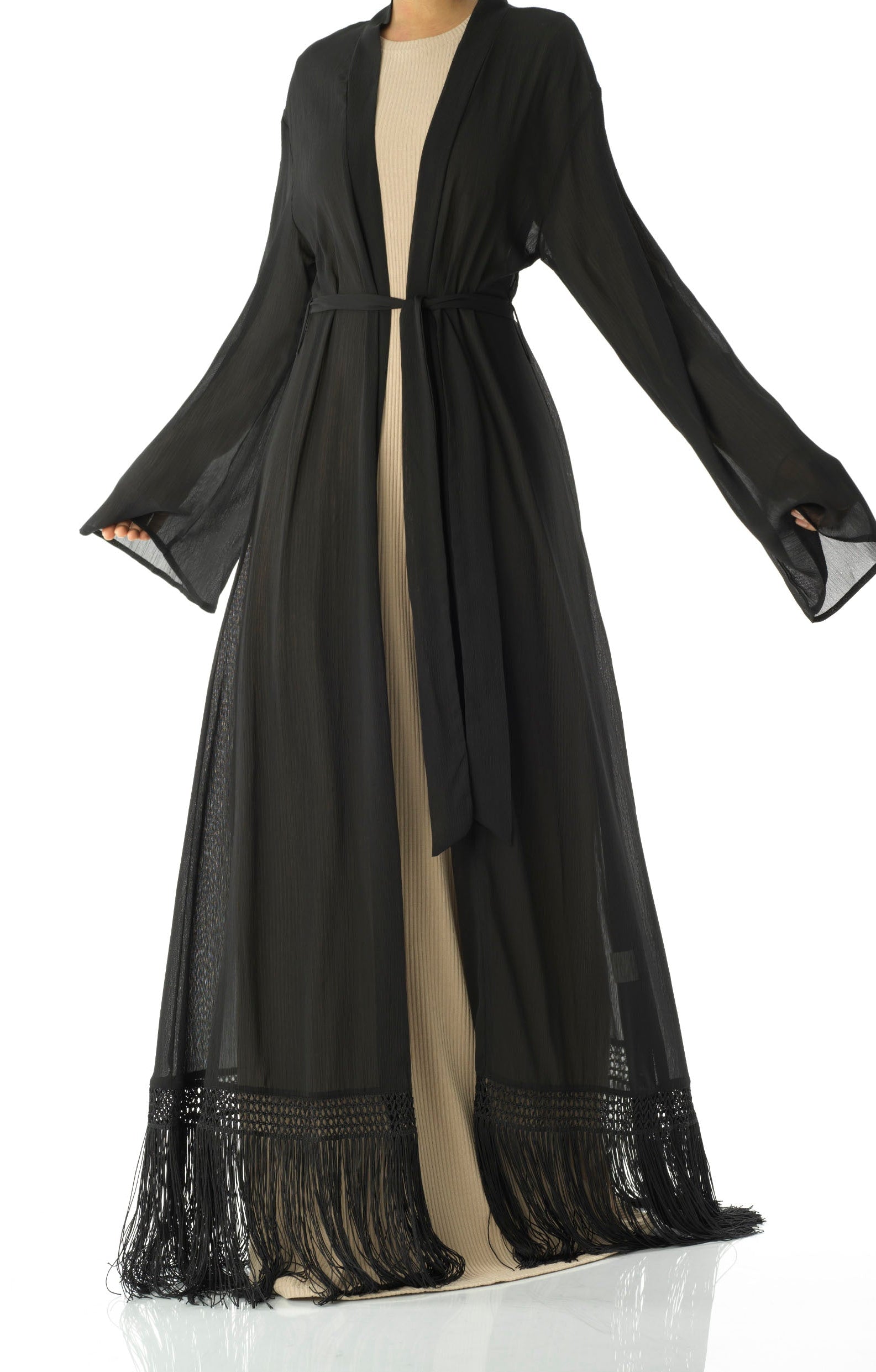 Effortlessly chic fringe cardigan abaya Kabayare
