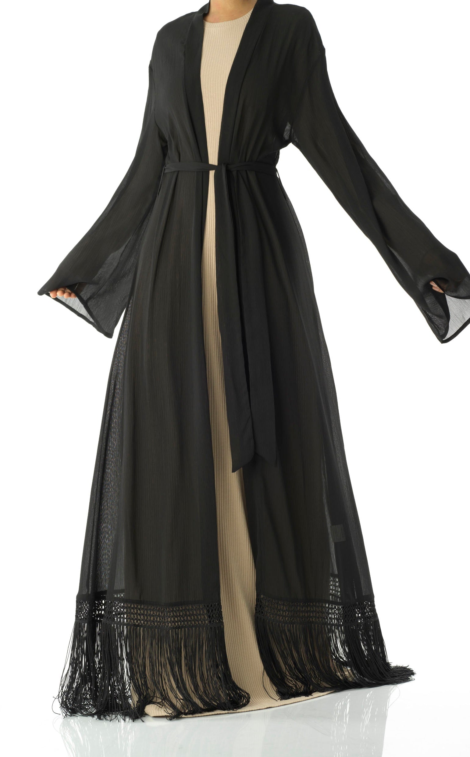 Effortlessly chic fringe cardigan abaya Kabayare