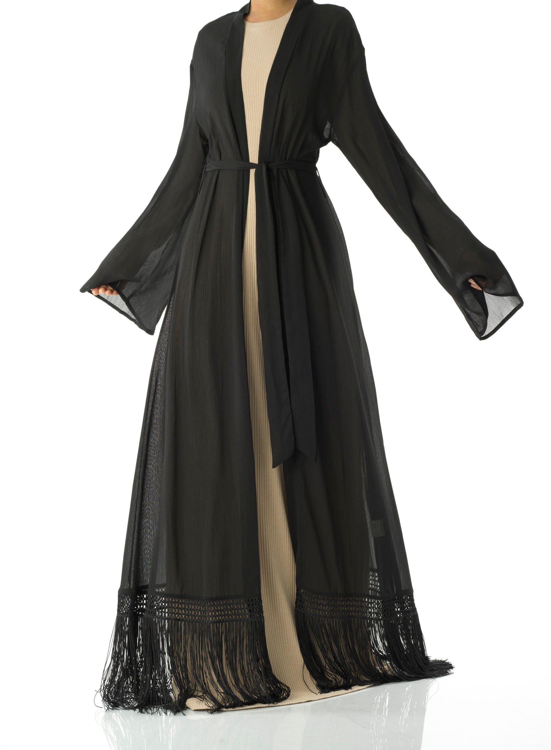 Effortlessly chic fringe cardigan abaya Kabayare