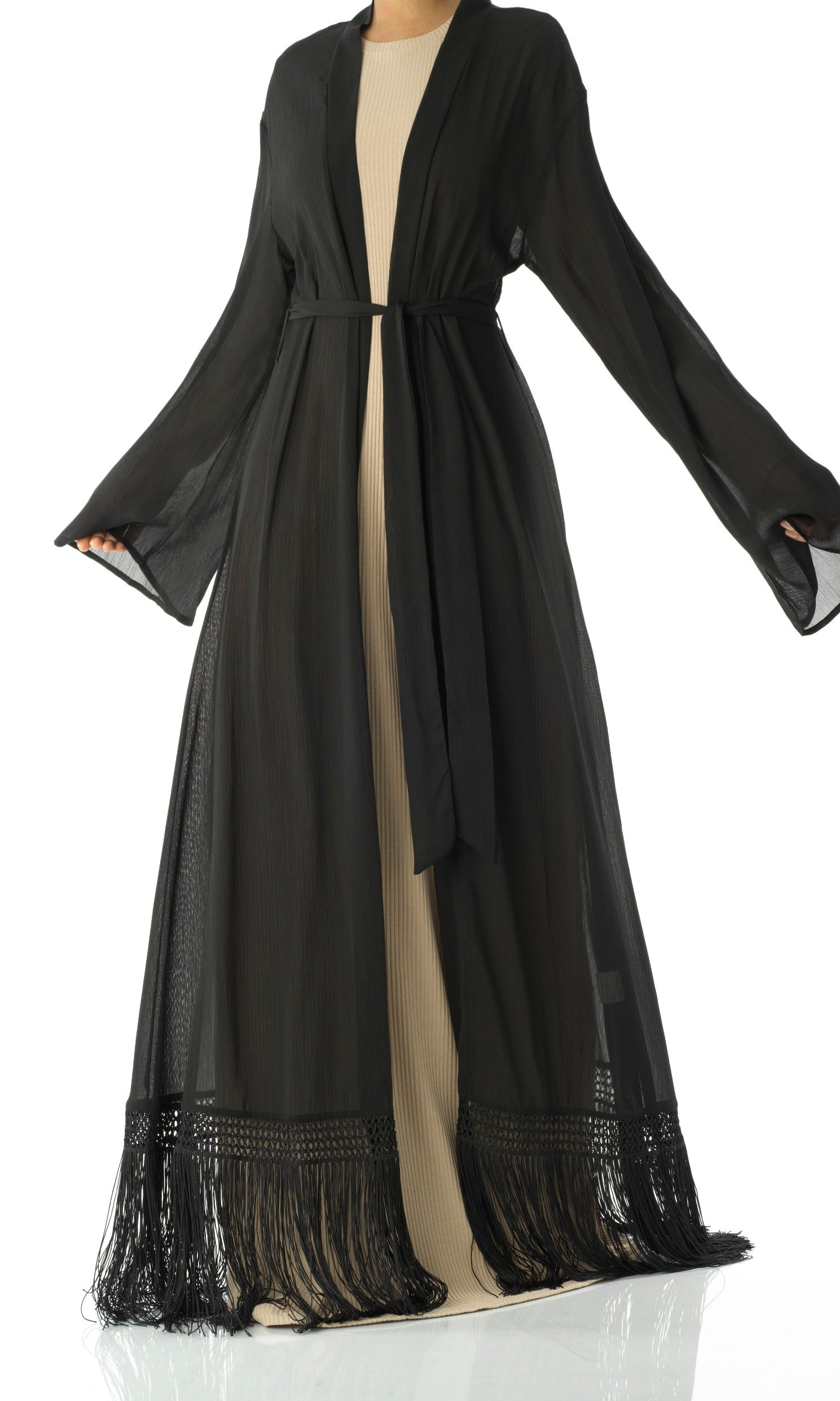 Effortlessly chic fringe cardigan abaya Kabayare