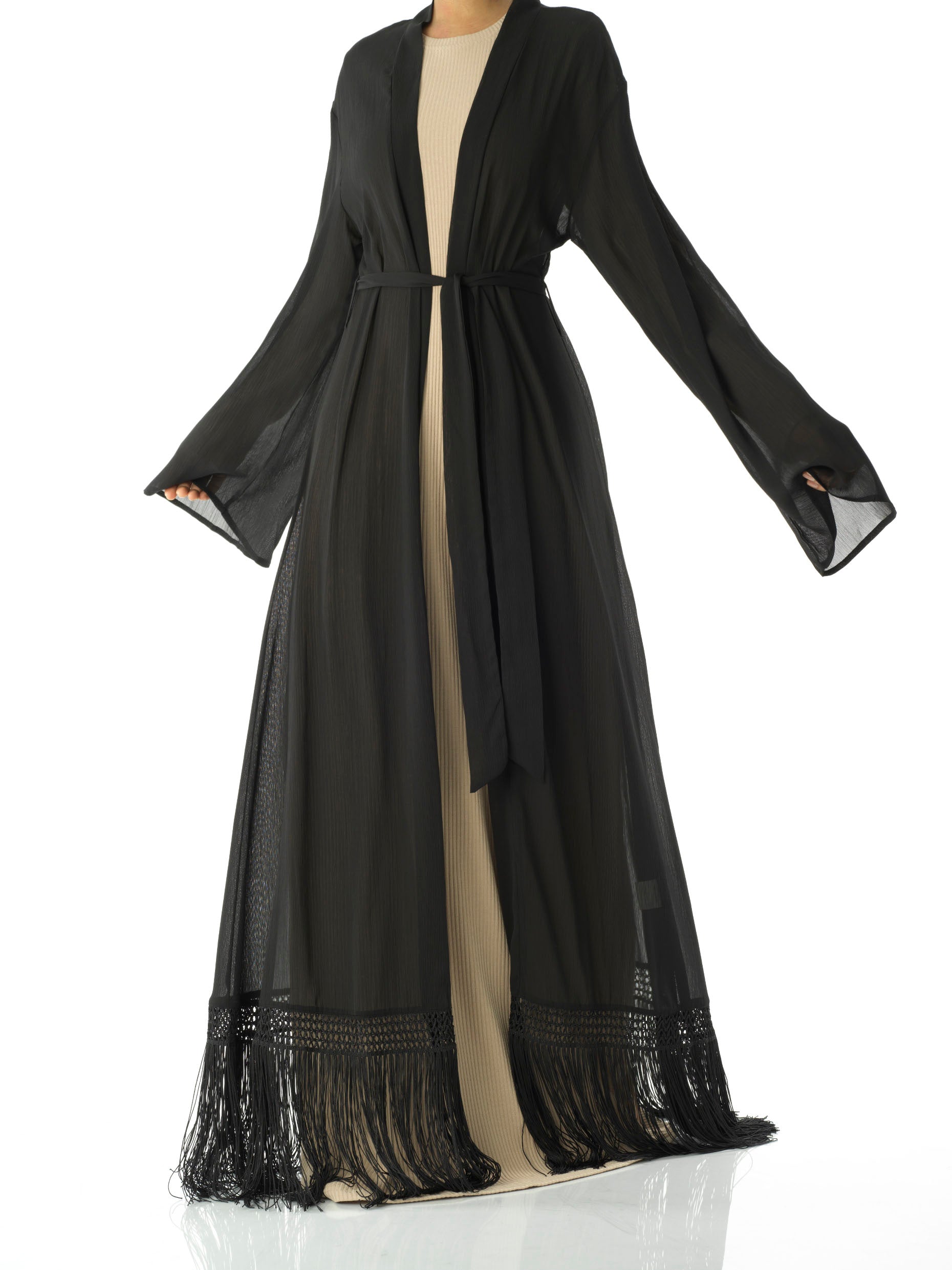 Effortlessly chic fringe cardigan abaya Kabayare
