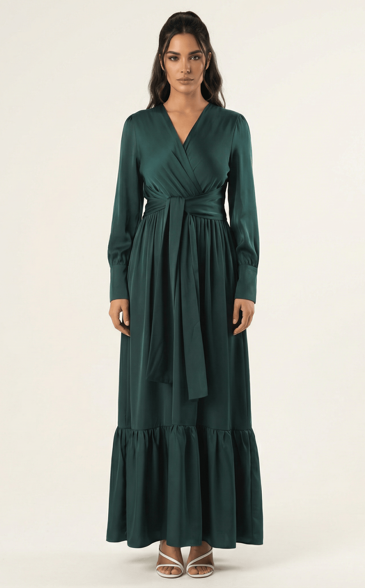 Emerald Dancing With You pretty satin Long sleeve Maxi dress Kabayare