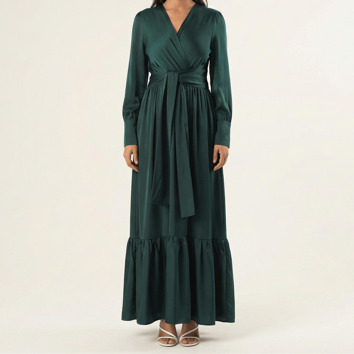 Emerald Dancing With You pretty satin Long sleeve Maxi dress Kabayare
