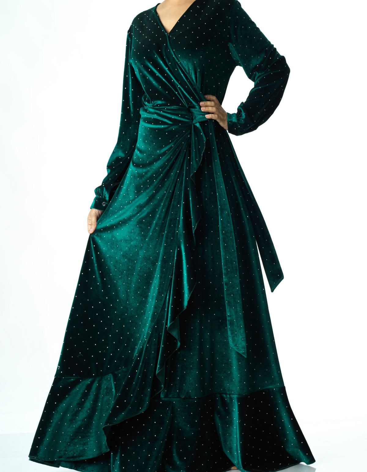 Emerald wrapped velvet modest maxi dress Kabayare