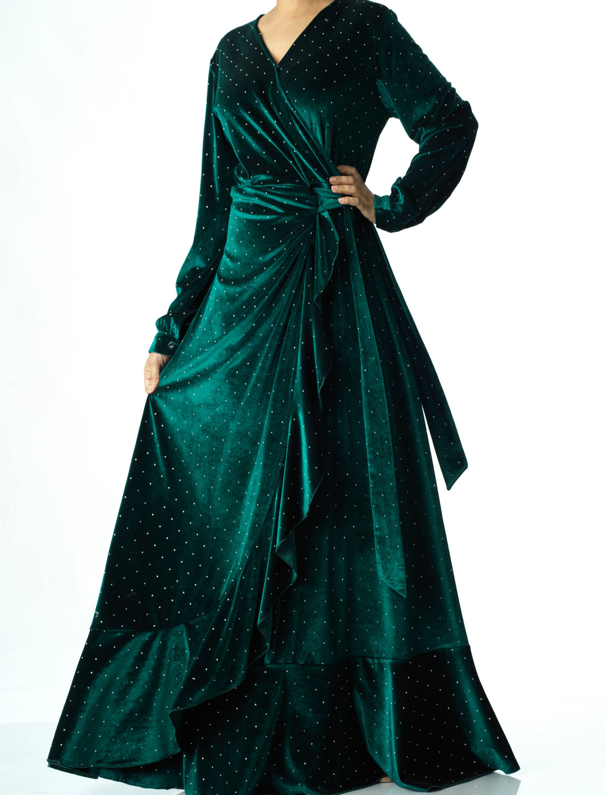 Emerald wrapped velvet modest maxi dress Kabayare