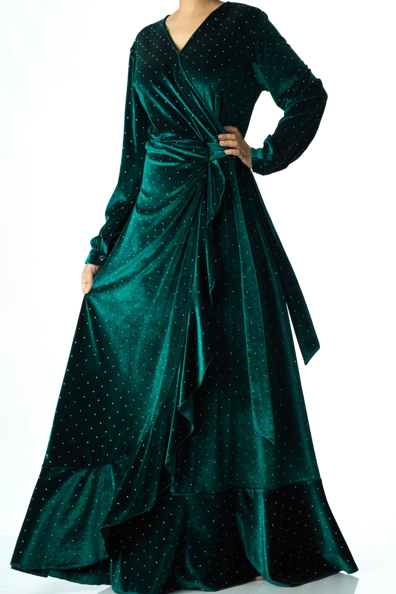 Emerald wrapped velvet modest maxi dress Kabayare