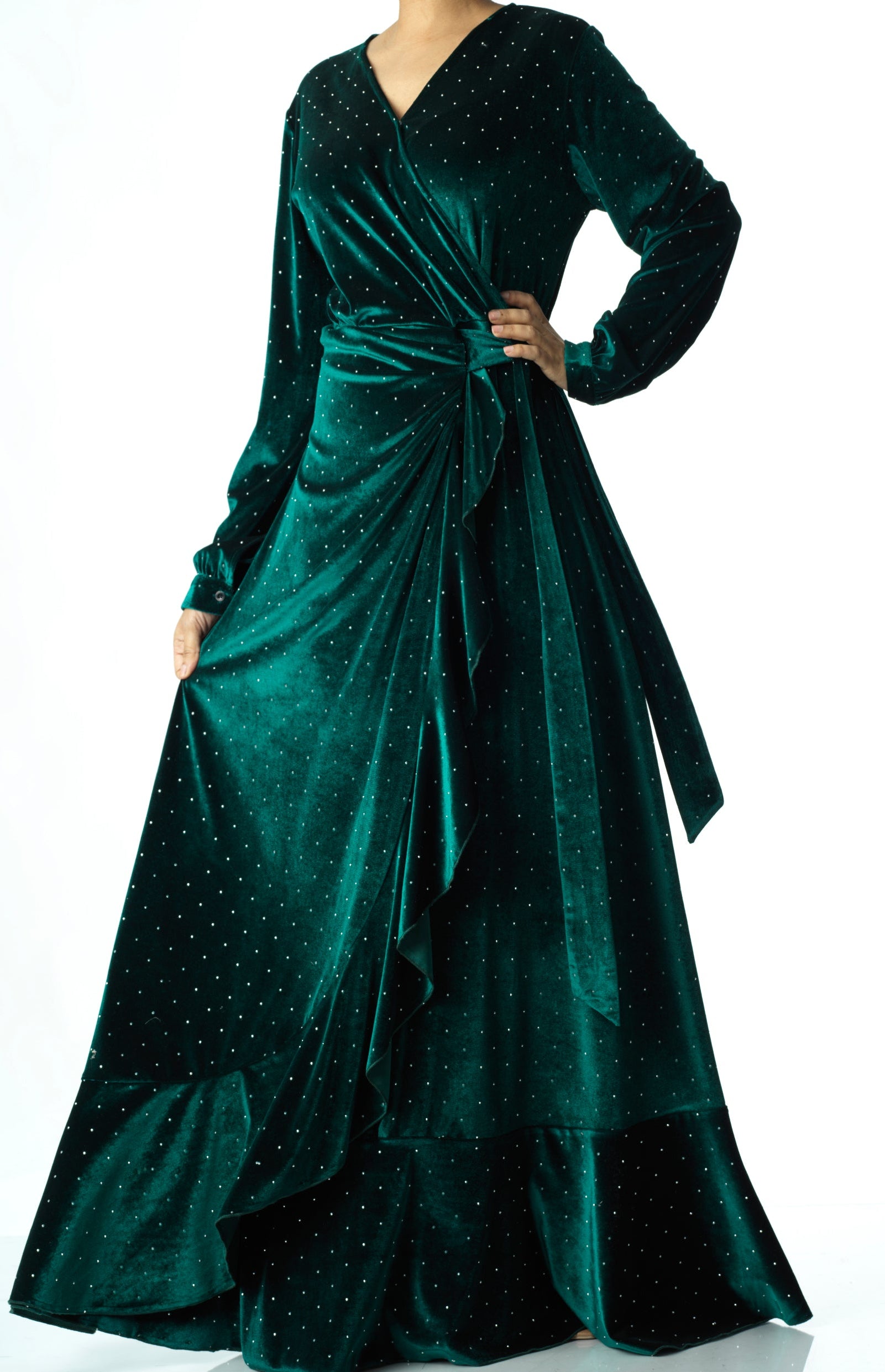 Emerald wrapped velvet modest maxi dress Kabayare