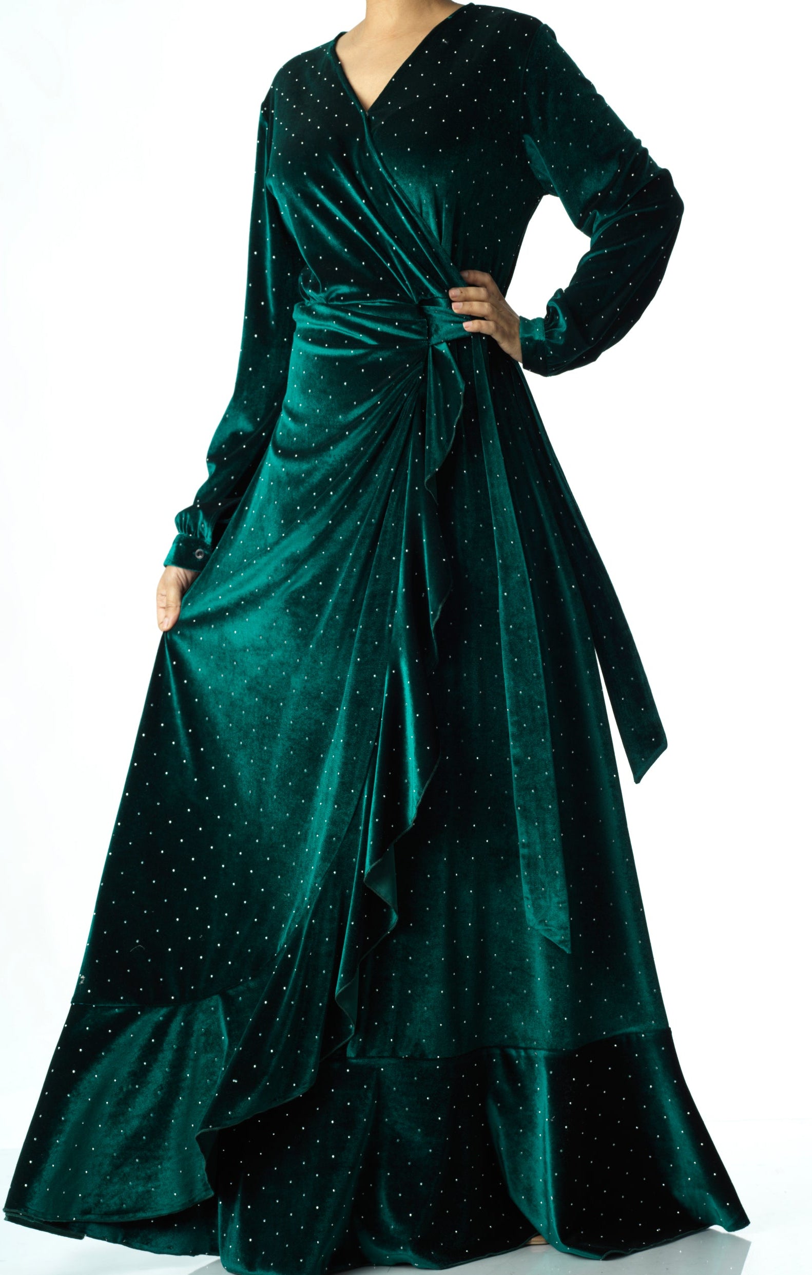 Emerald wrapped velvet modest maxi dress Kabayare