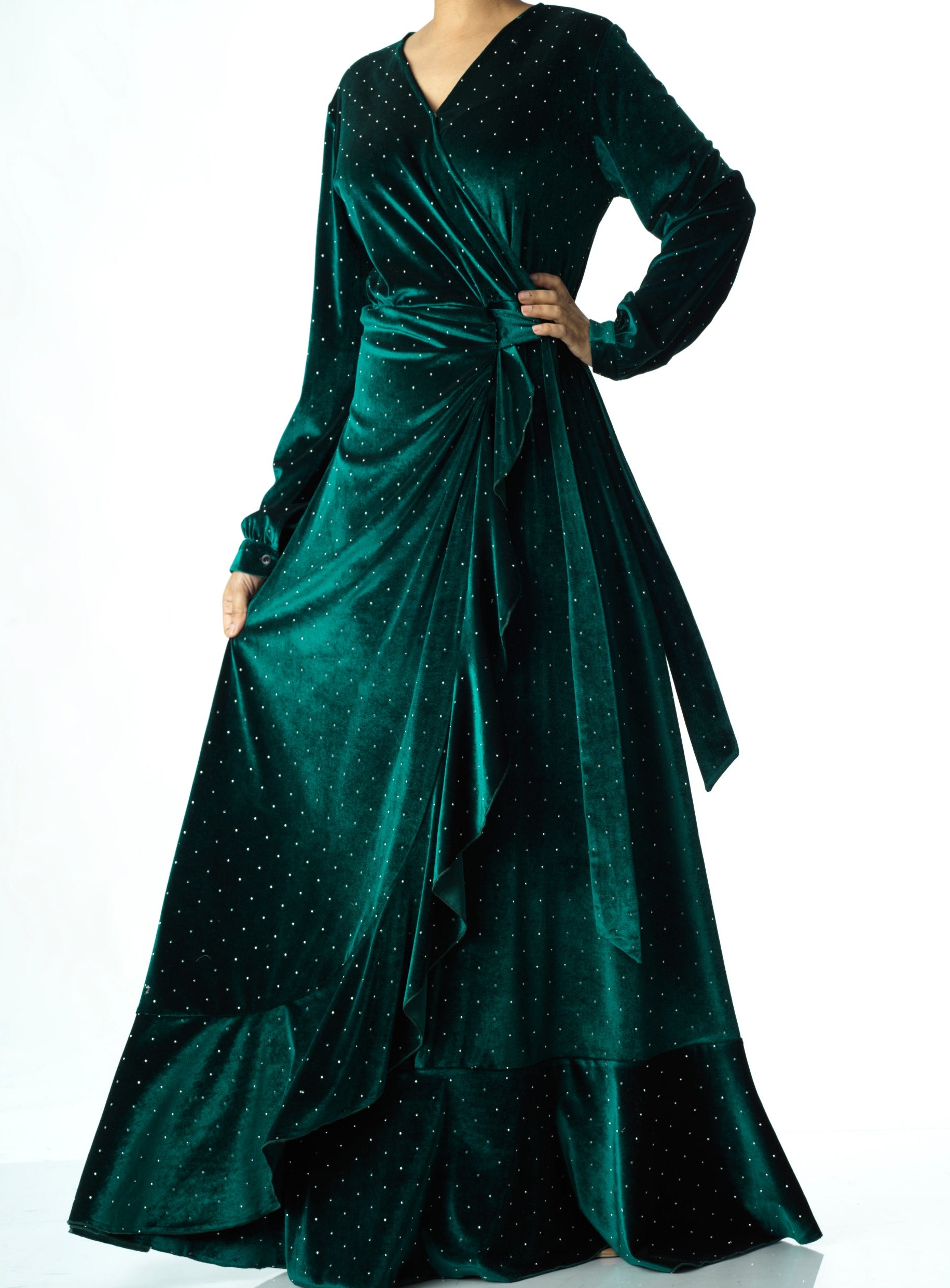 Emerald wrapped velvet modest maxi dress Kabayare