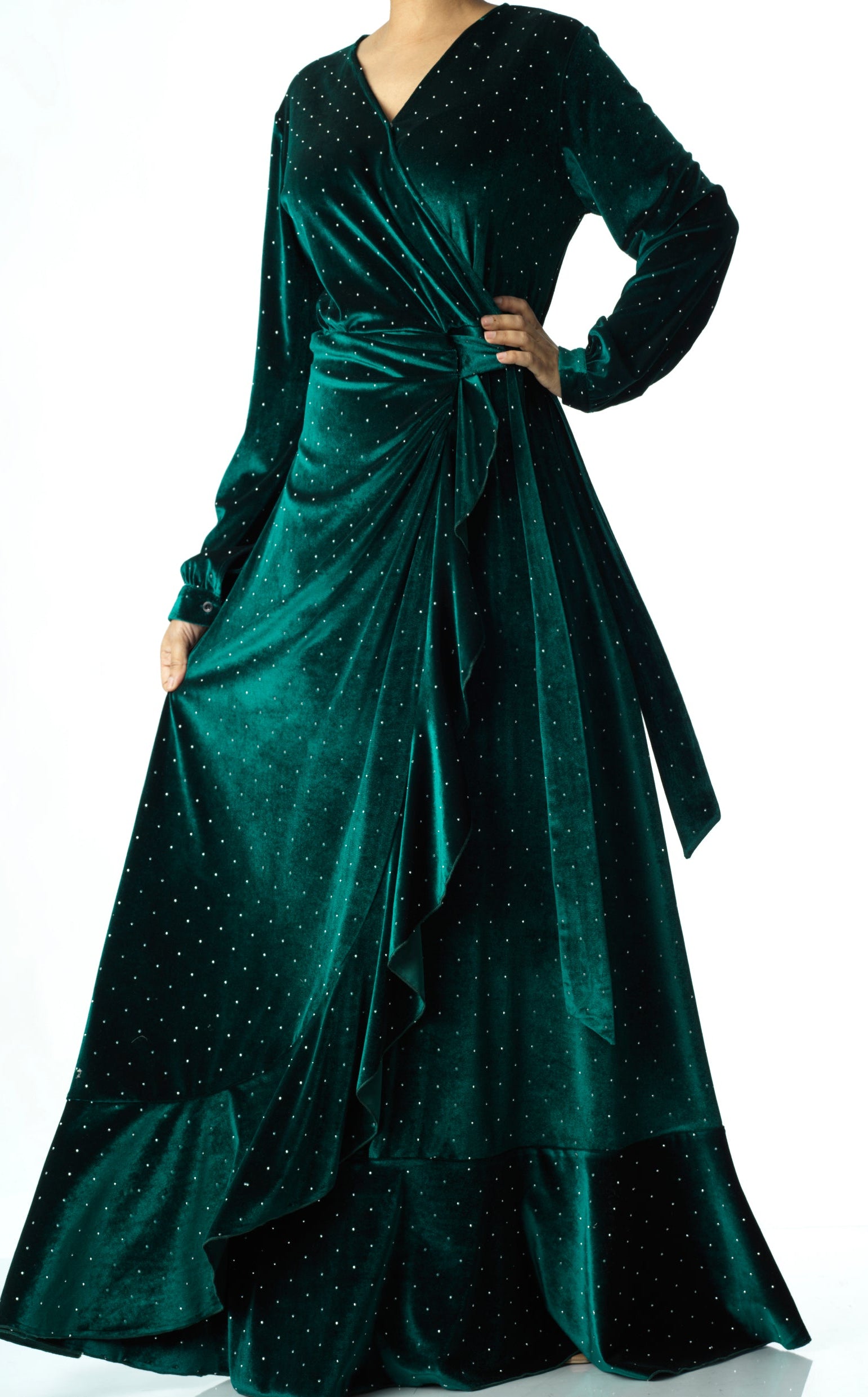 Emerald wrapped velvet modest maxi dress Kabayare