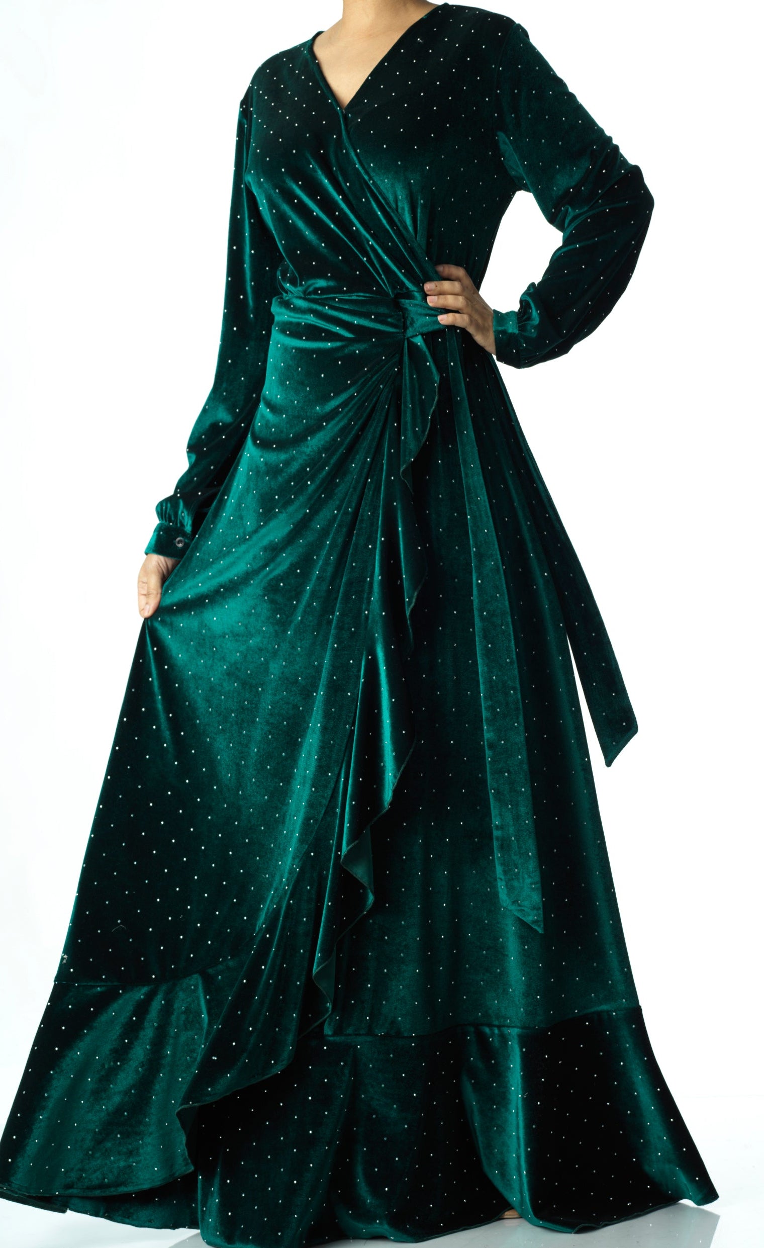 Emerald wrapped velvet modest maxi dress Kabayare