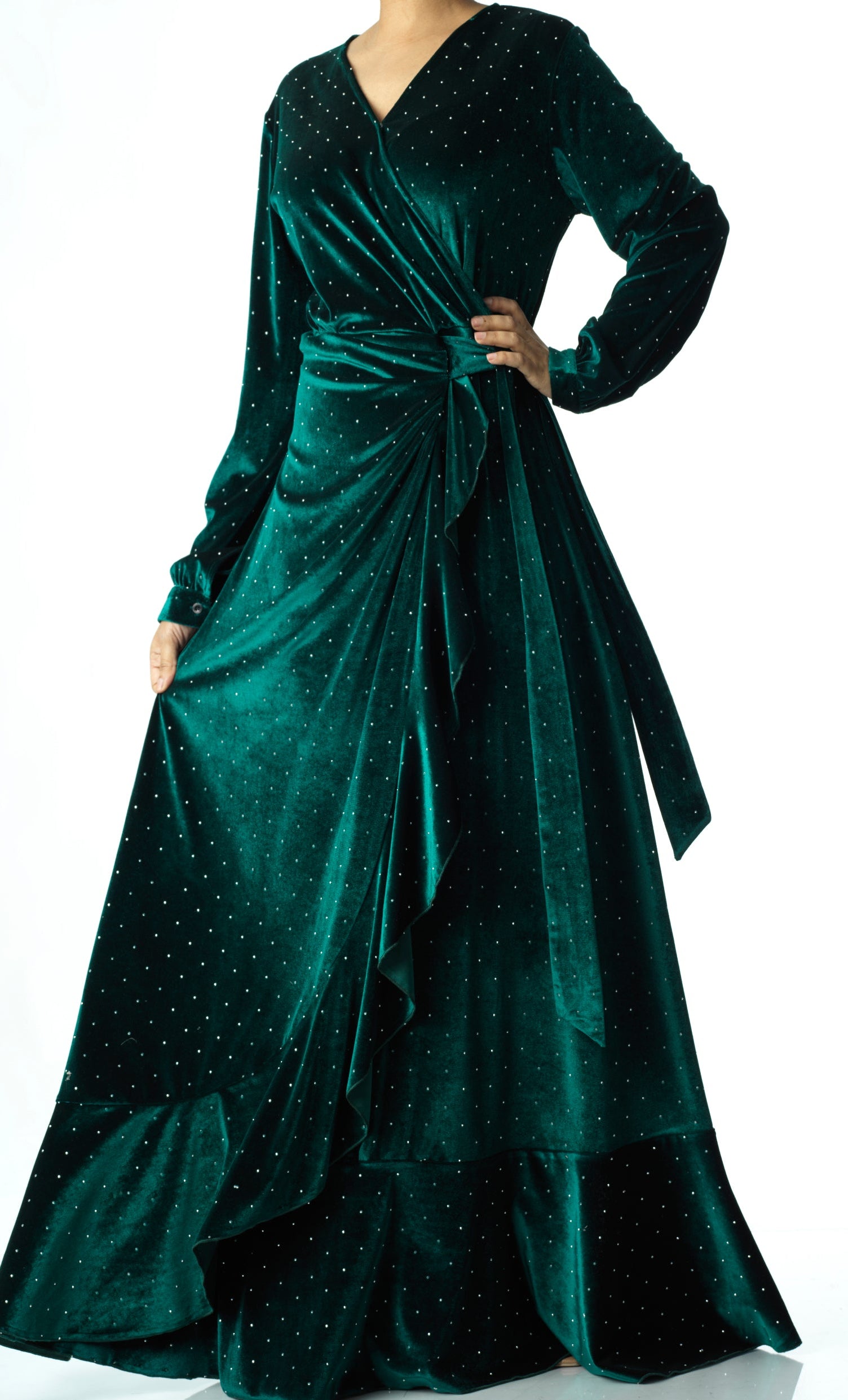 Emerald wrapped velvet modest maxi dress Kabayare