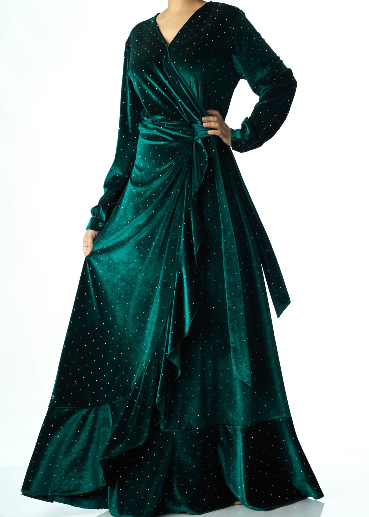 Emerald wrapped velvet modest maxi dress Kabayare