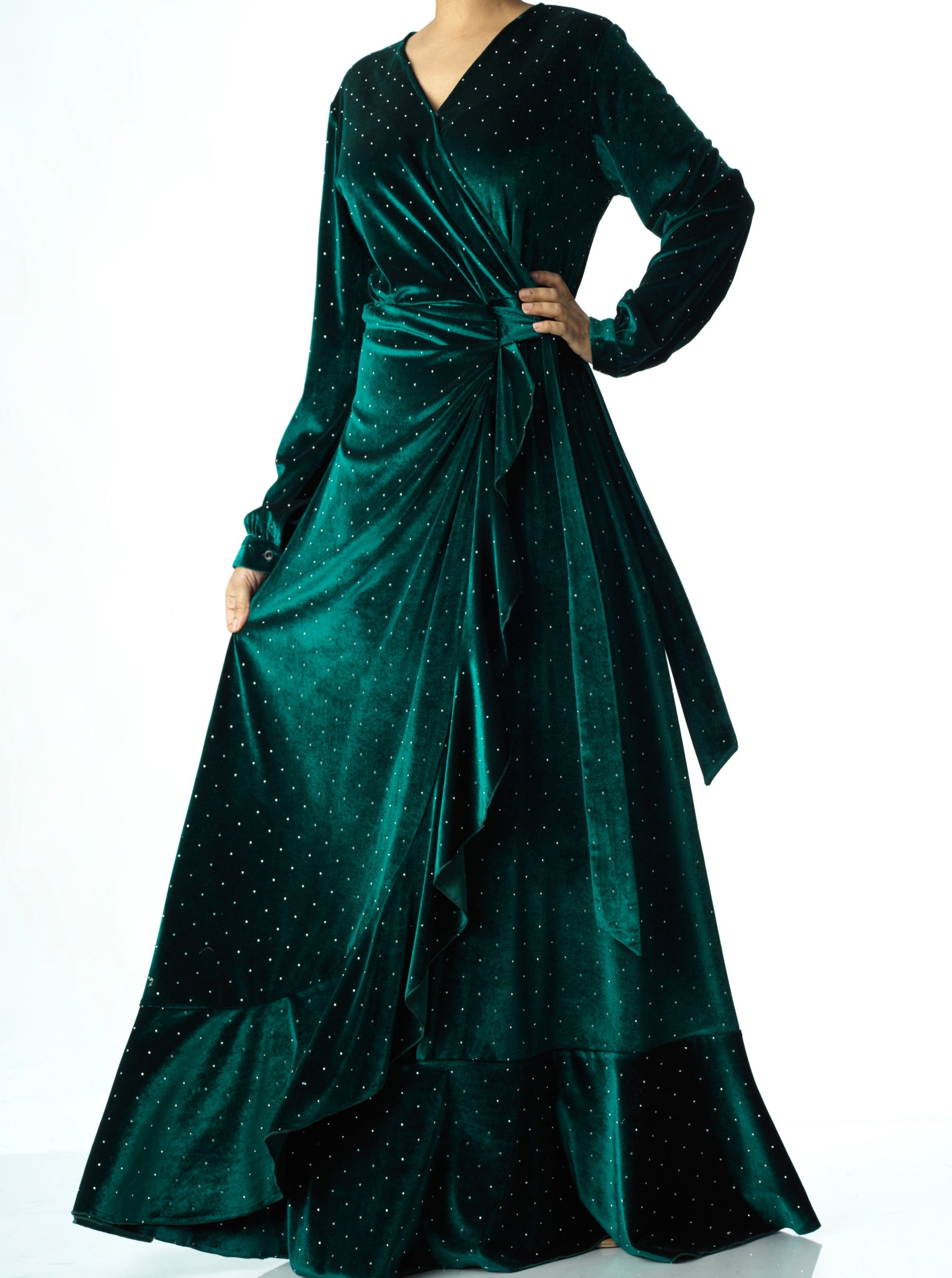 Emerald wrapped velvet modest maxi dress Kabayare