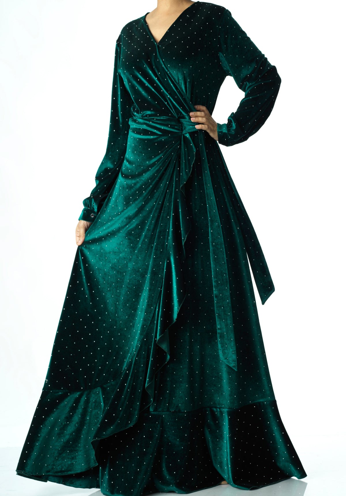 Emerald wrapped velvet modest maxi dress Kabayare