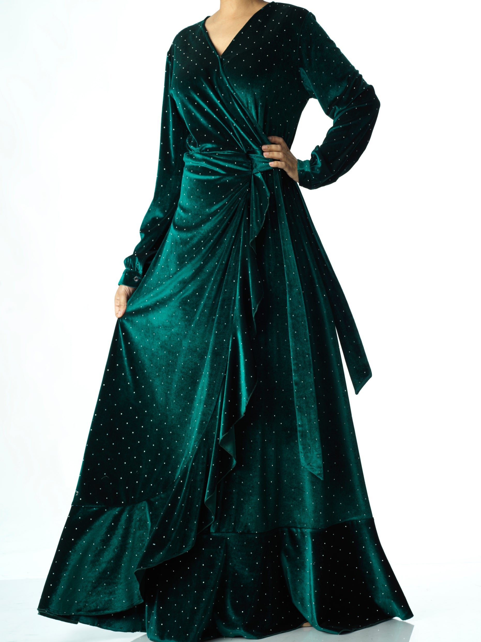 Emerald wrapped velvet modest maxi dress Kabayare