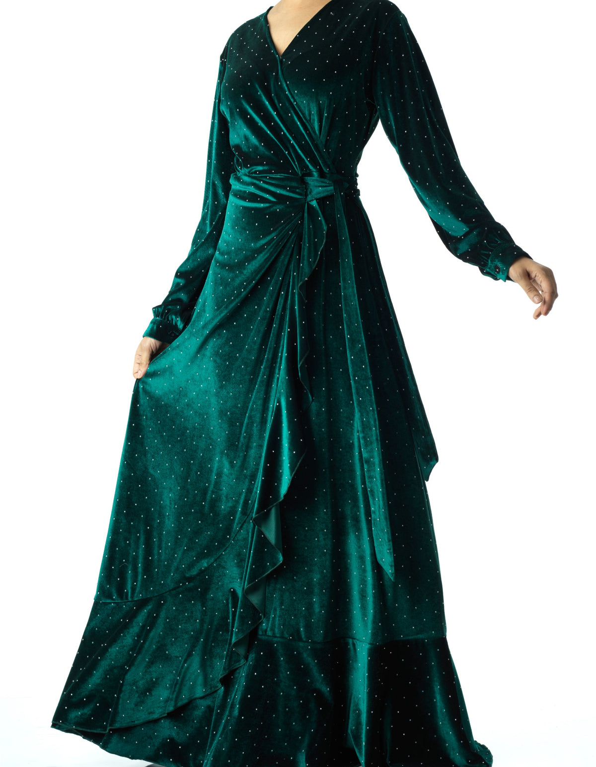 Emerald wrapped velvet modest maxi dress Kabayare
