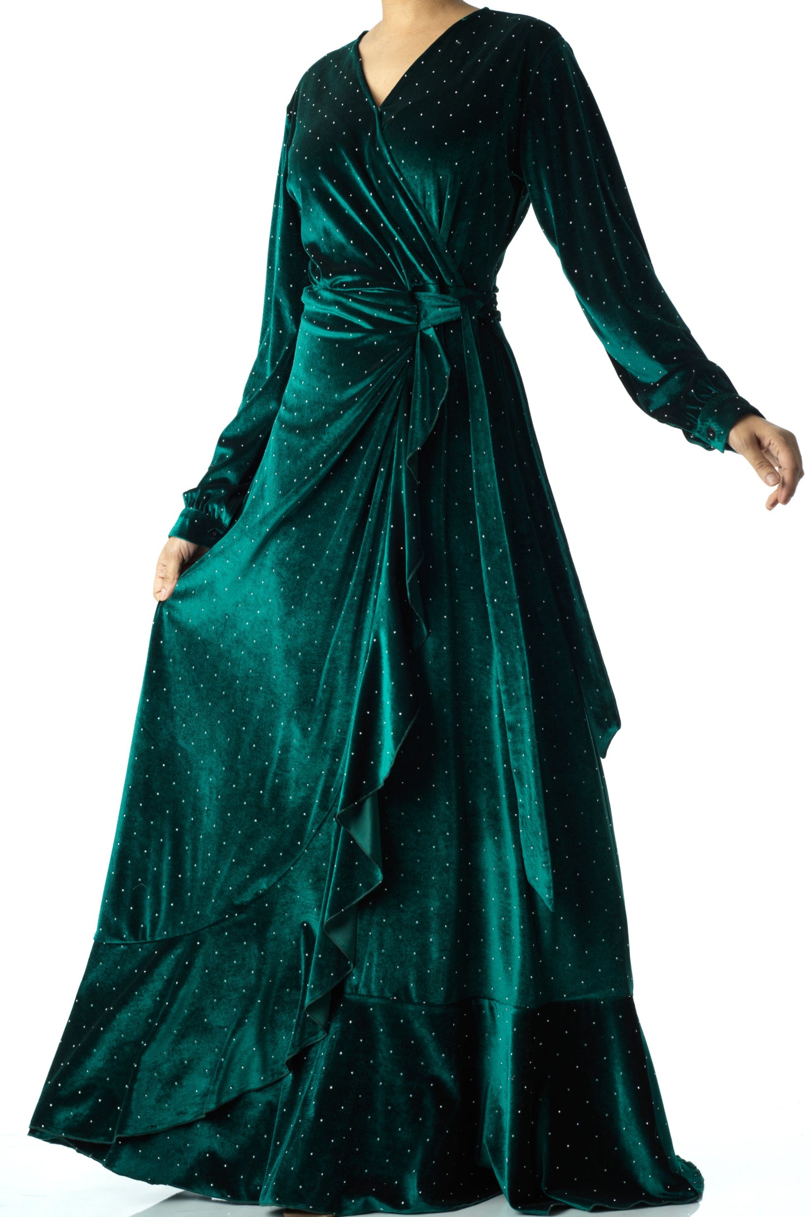 Emerald wrapped velvet modest maxi dress Kabayare