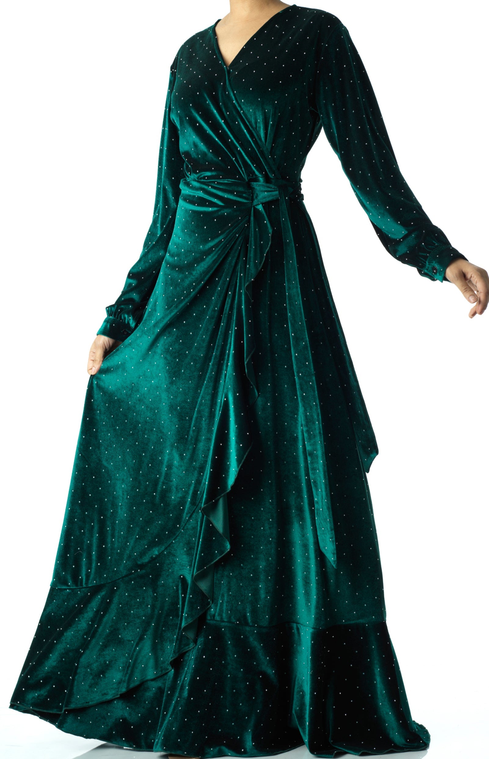 Emerald wrapped velvet modest maxi dress Kabayare