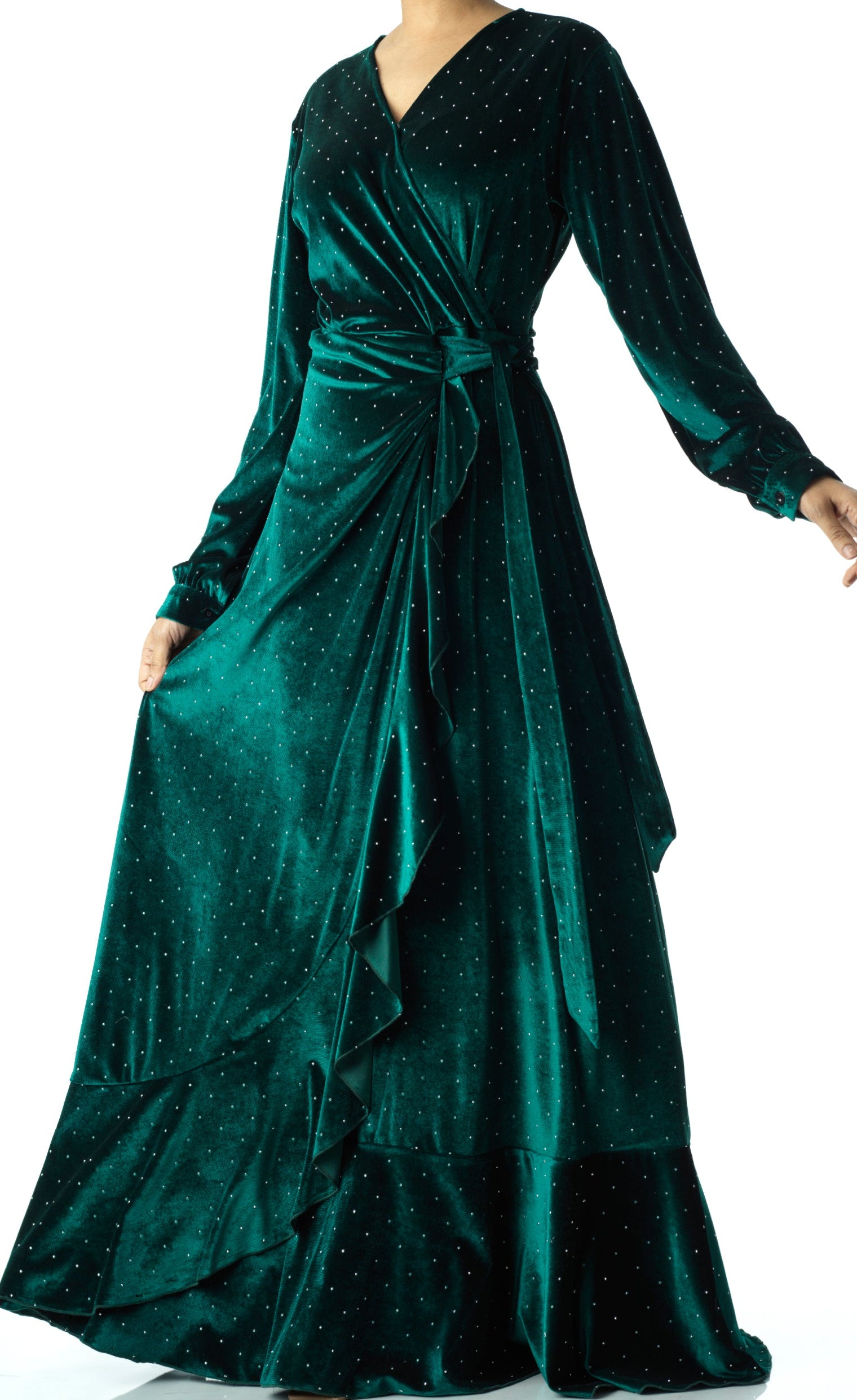 Emerald wrapped velvet modest maxi dress Kabayare