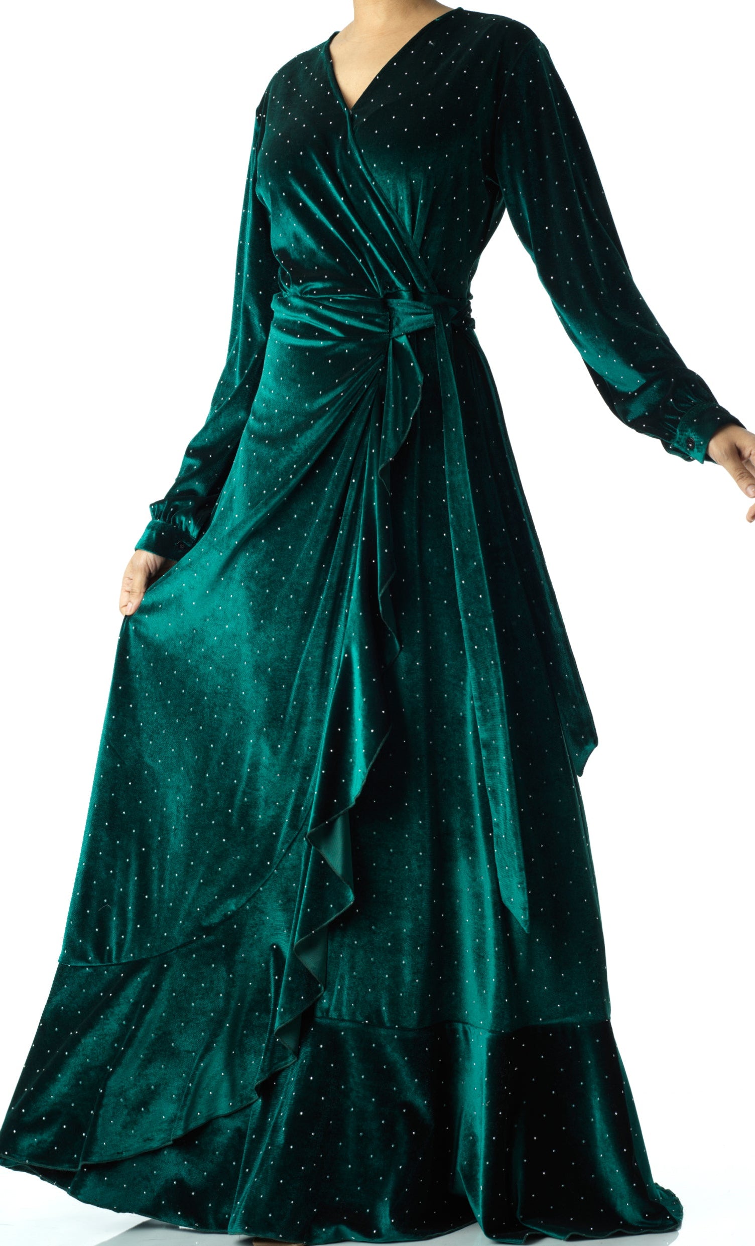 Emerald wrapped velvet modest maxi dress Kabayare
