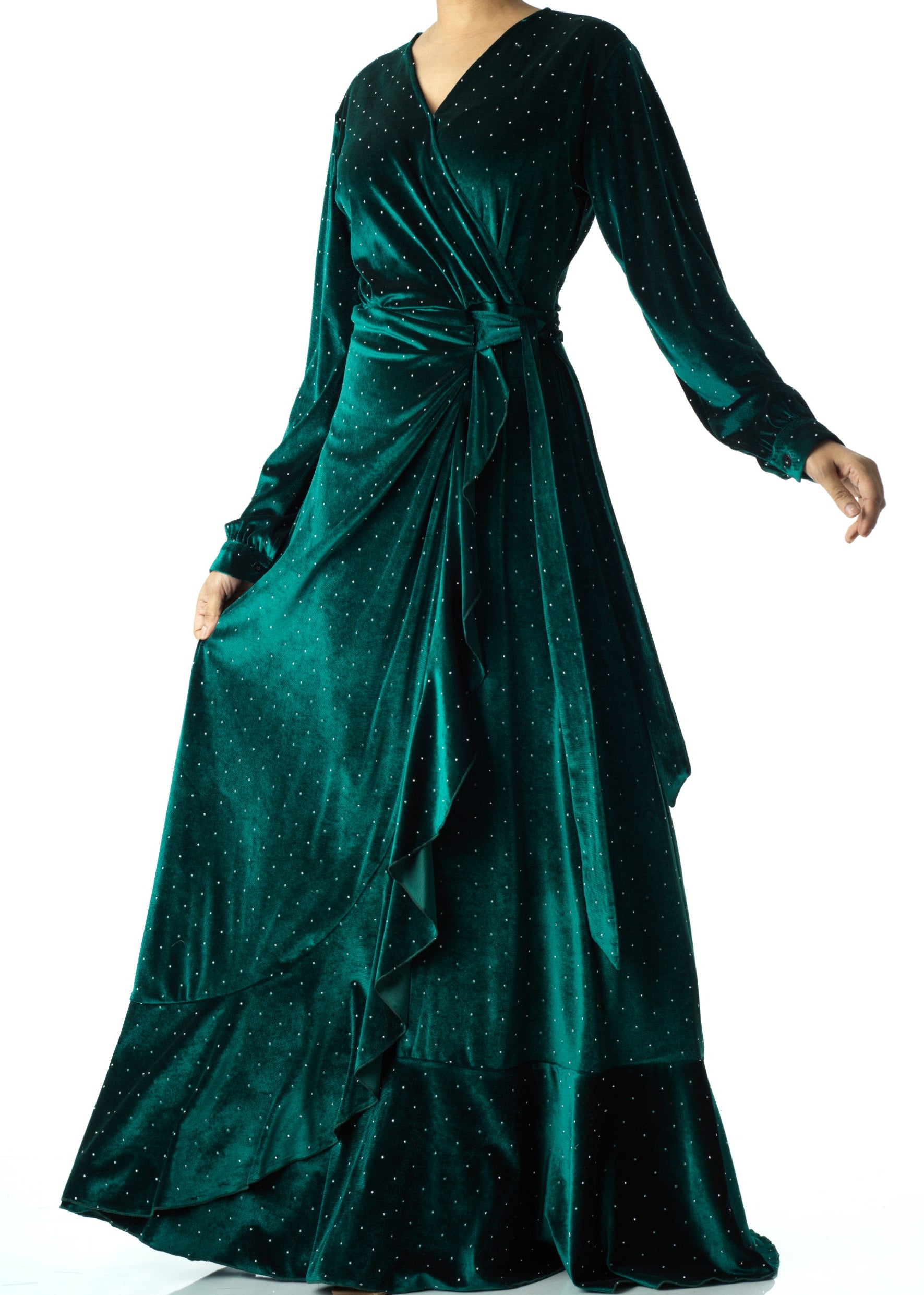 Emerald wrapped velvet modest maxi dress Kabayare