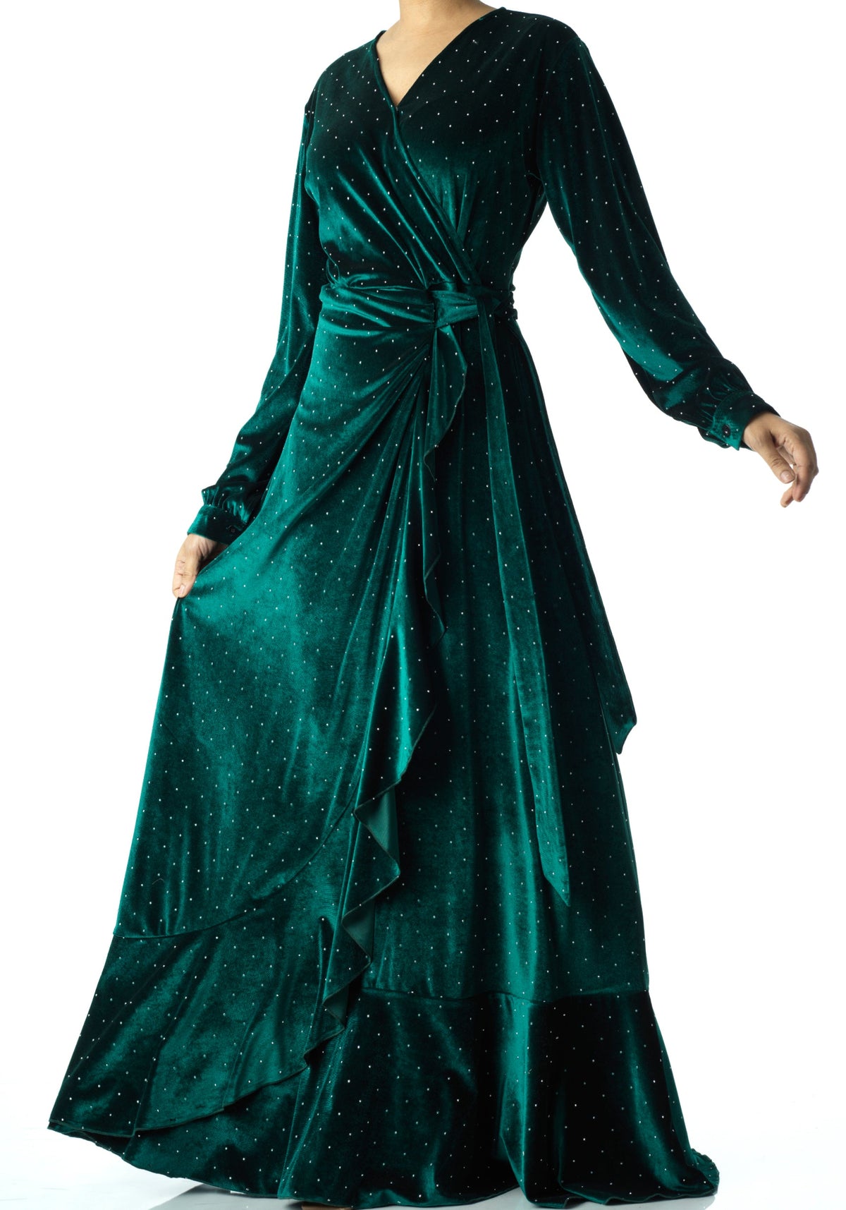 Emerald wrapped velvet modest maxi dress Kabayare
