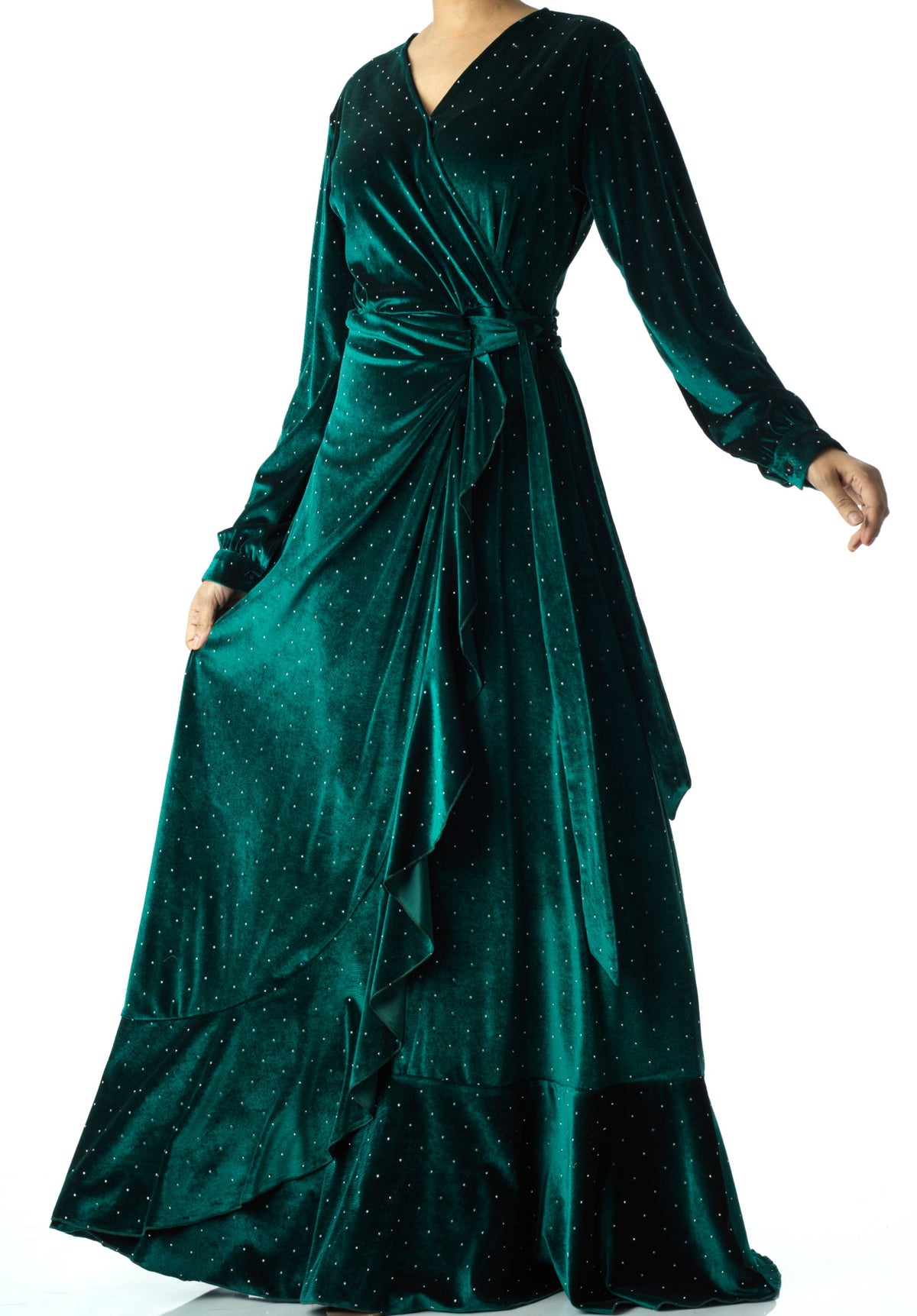 Emerald wrapped velvet modest maxi dress Kabayare