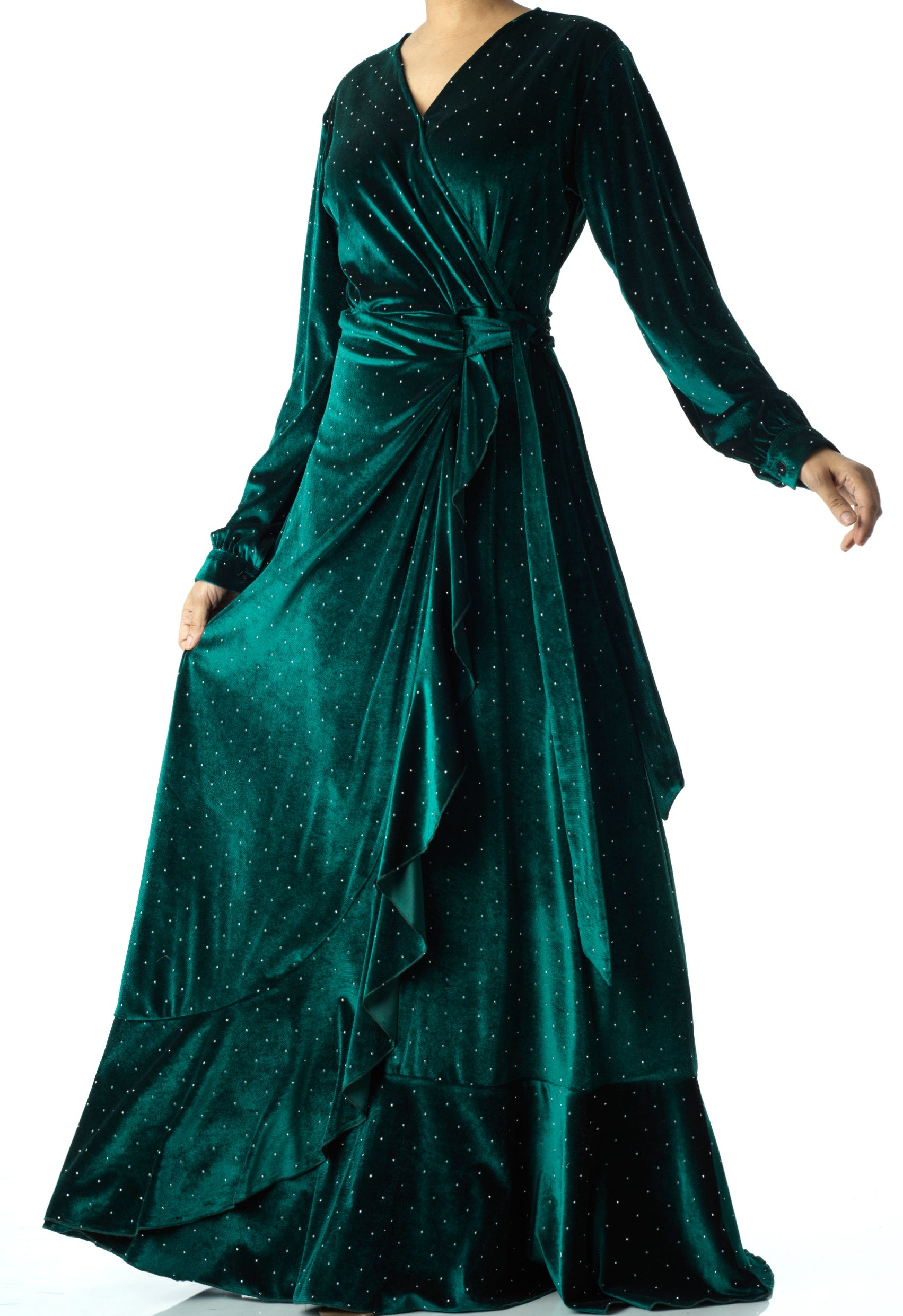 Emerald wrapped velvet modest maxi dress Kabayare