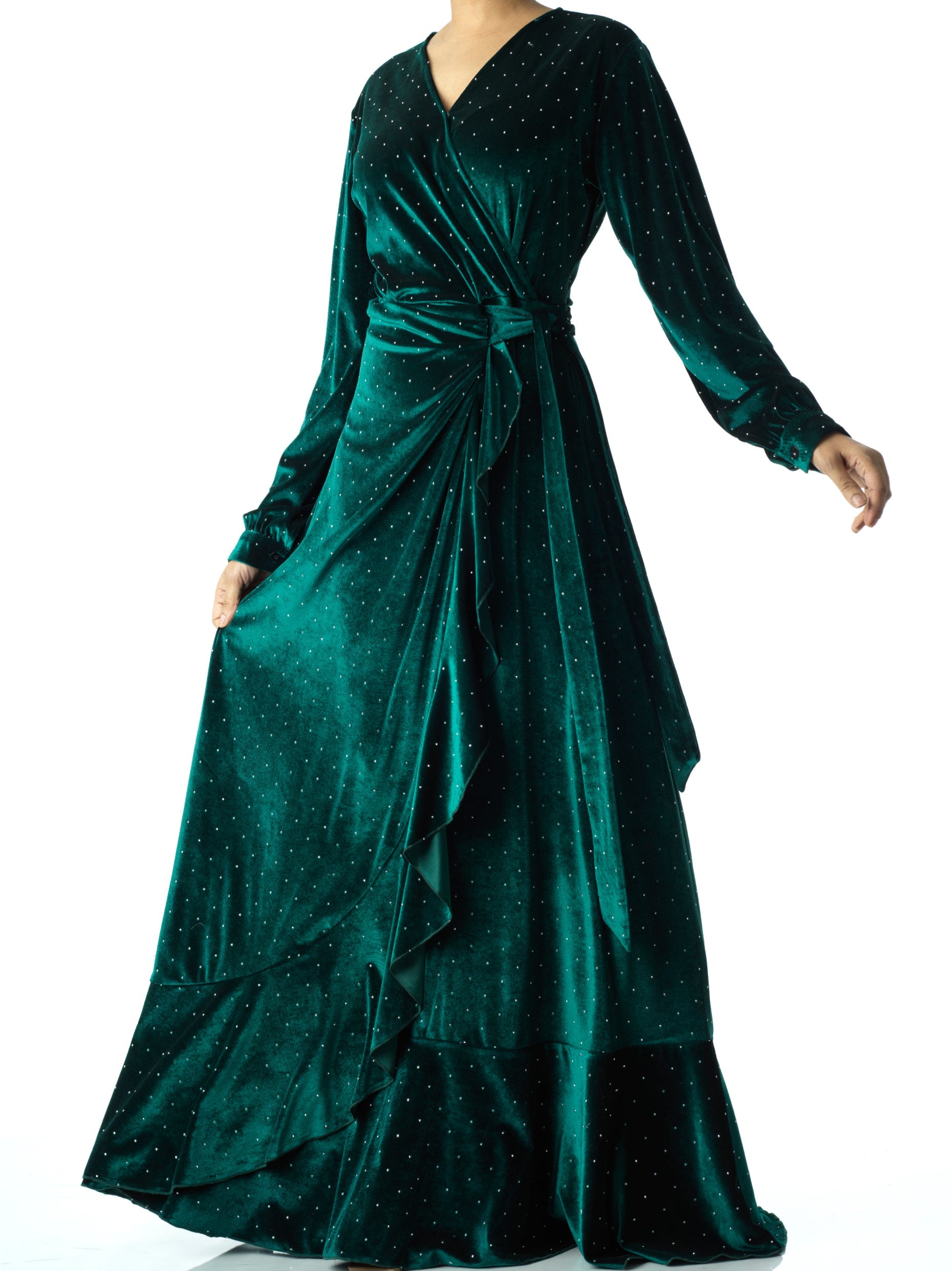Emerald wrapped velvet modest maxi dress Kabayare