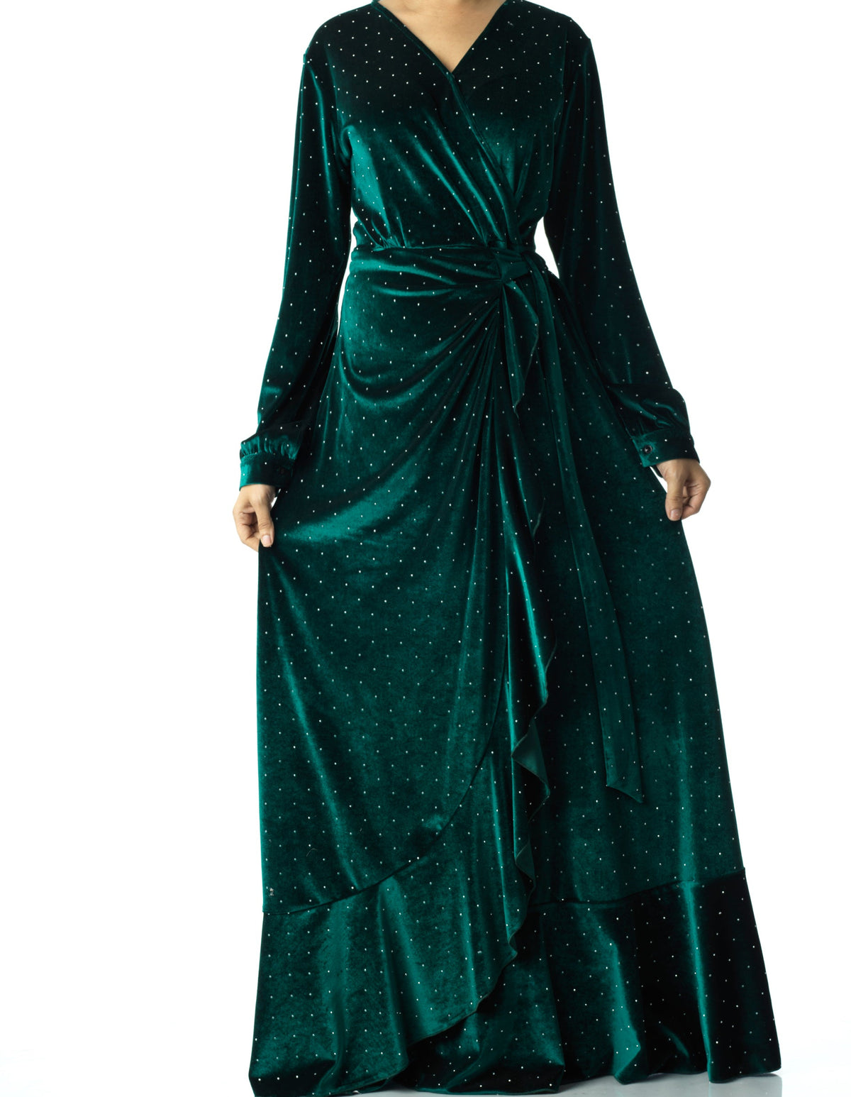 Emerald wrapped velvet modest maxi dress Kabayare