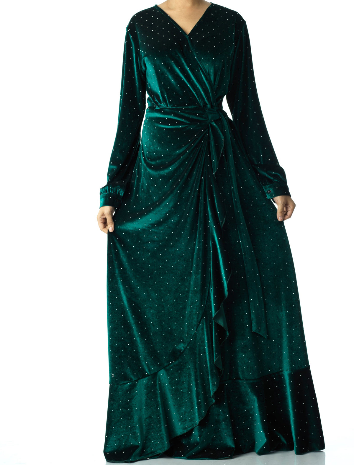 Emerald wrapped velvet modest maxi dress Kabayare