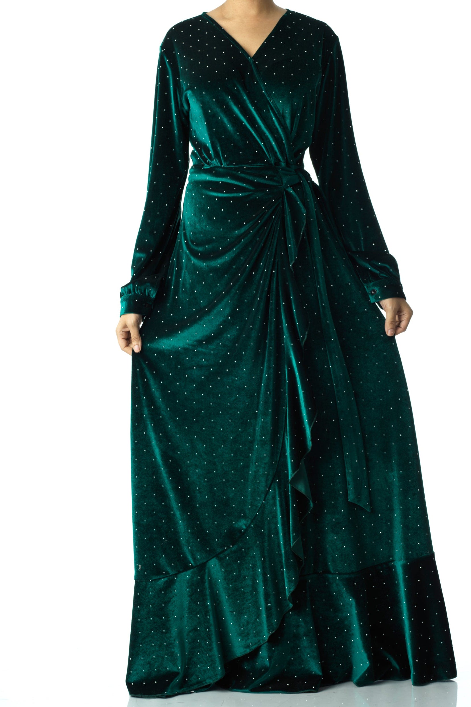 Emerald wrapped velvet modest maxi dress Kabayare