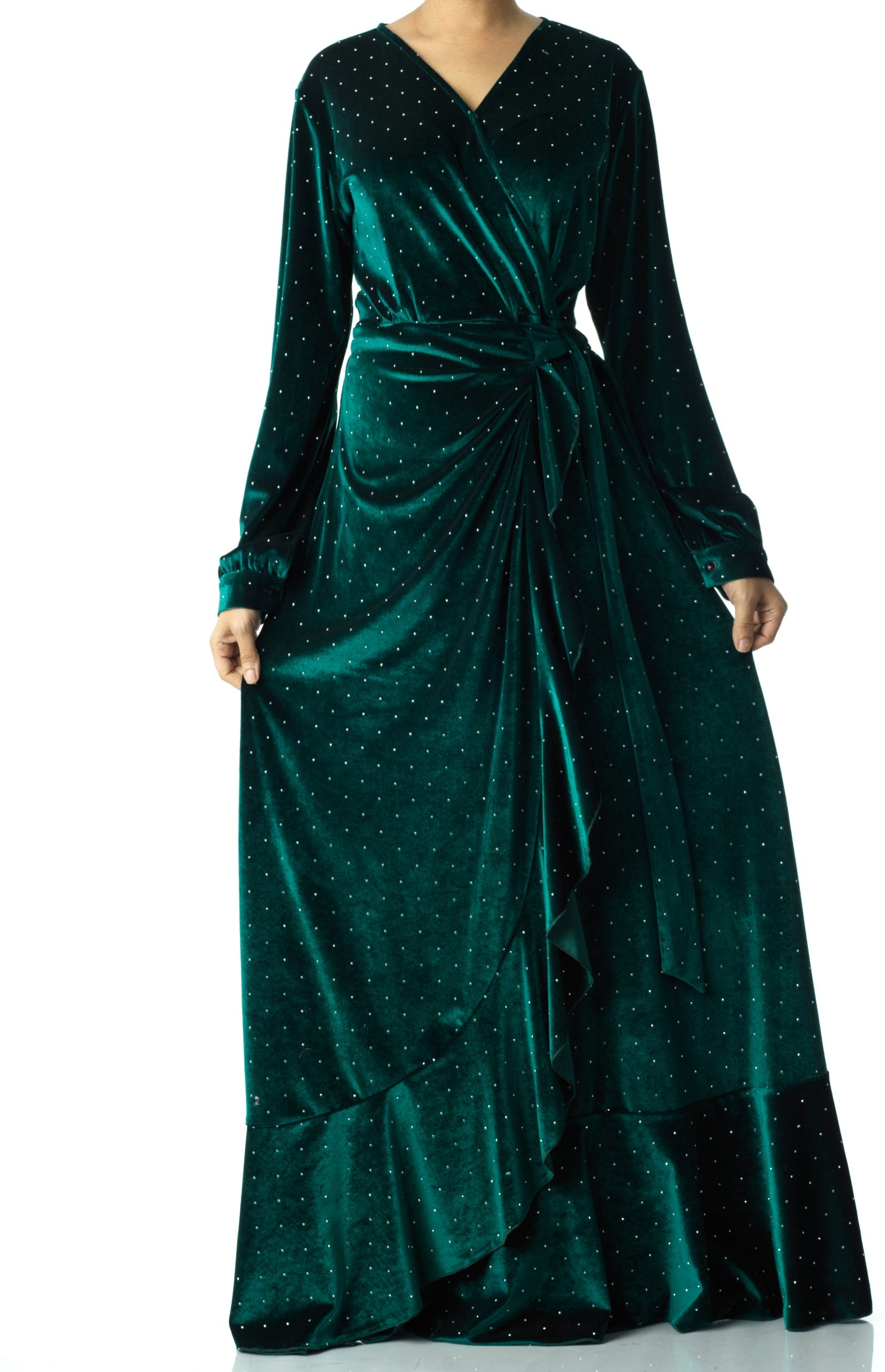 Emerald wrapped velvet modest maxi dress Kabayare