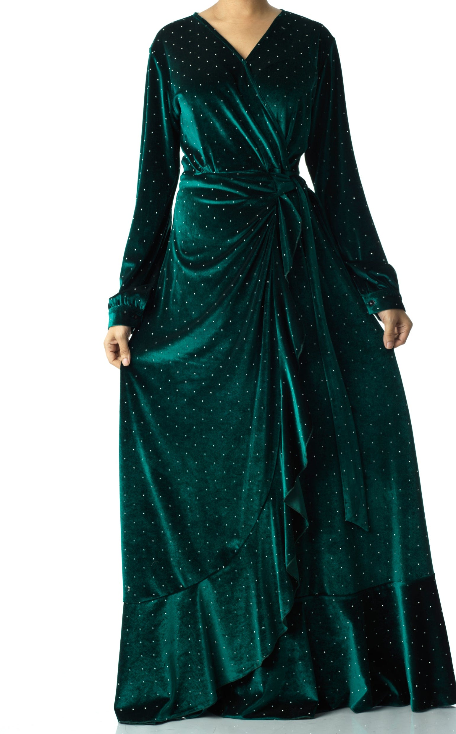 Emerald wrapped velvet modest maxi dress Kabayare