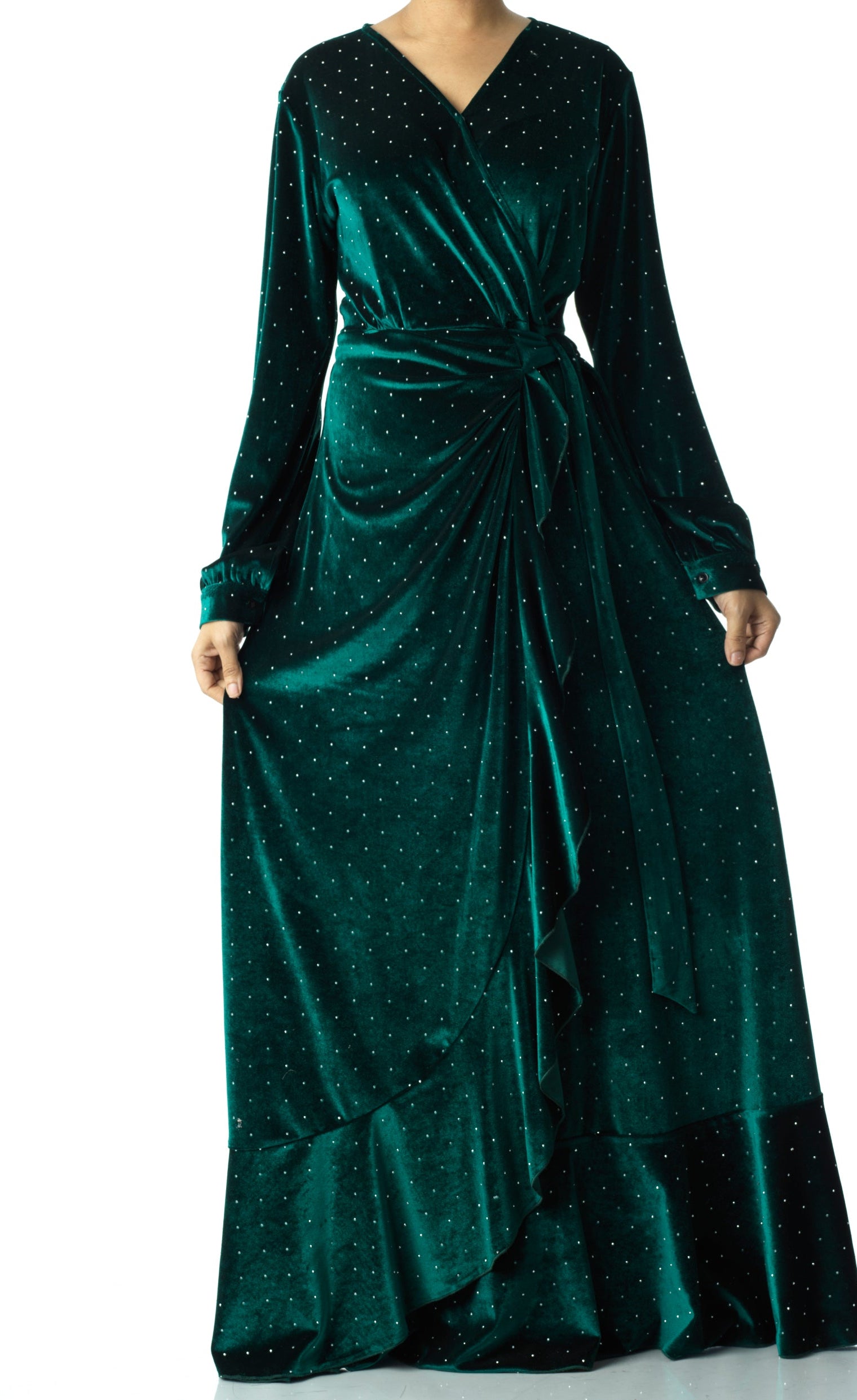 Emerald wrapped velvet modest maxi dress Kabayare