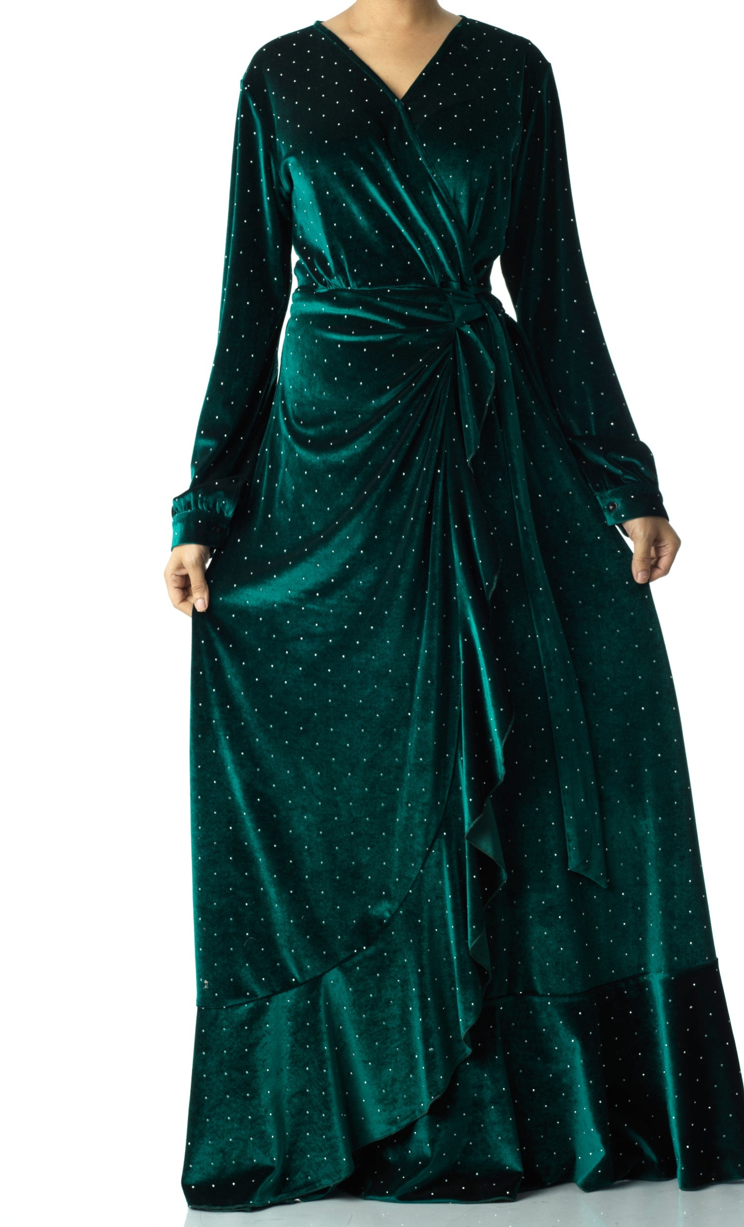 Emerald wrapped velvet modest maxi dress Kabayare
