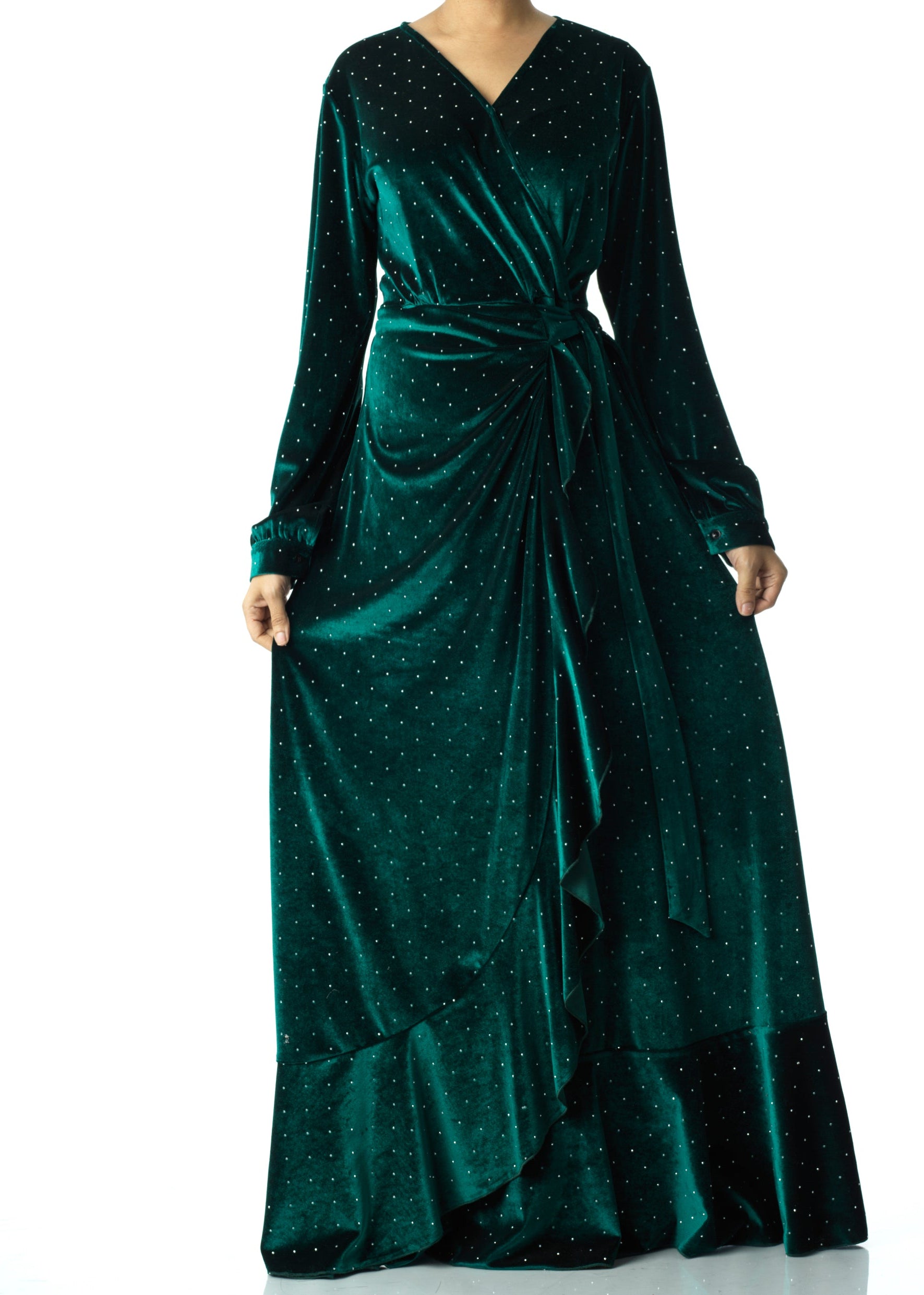 Emerald wrapped velvet modest maxi dress Kabayare