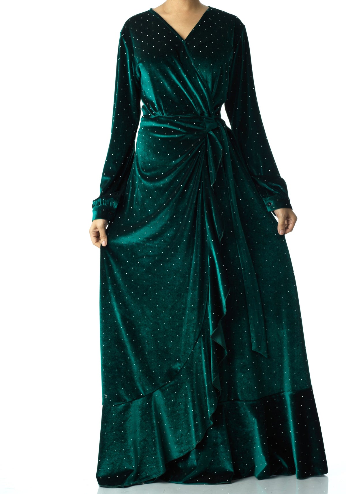 Emerald wrapped velvet modest maxi dress Kabayare